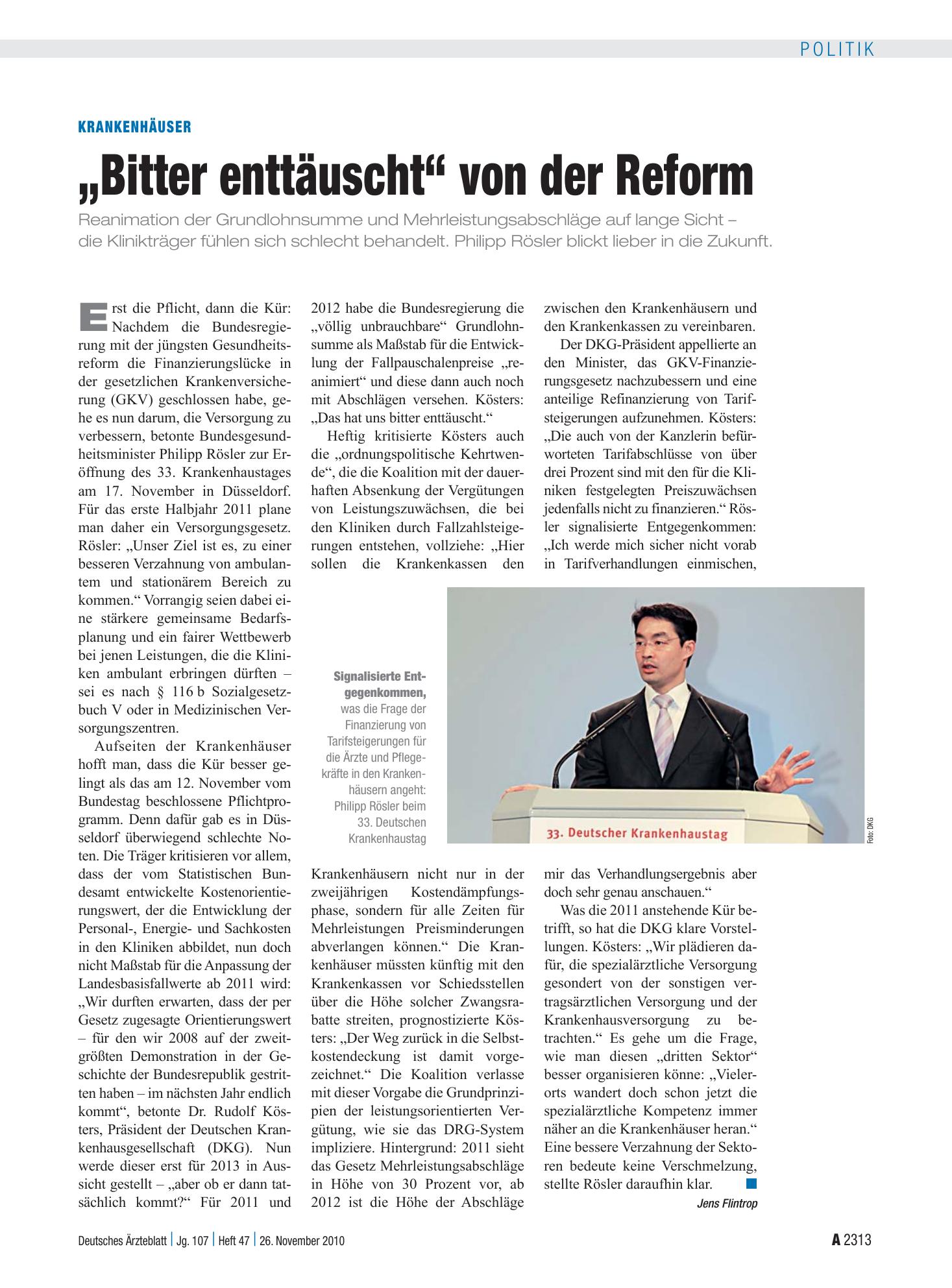 Vorschauseite 1: Krankenhäuser: „Bitter enttäuscht“ von der Reform – Deutsches Ärzteblatt