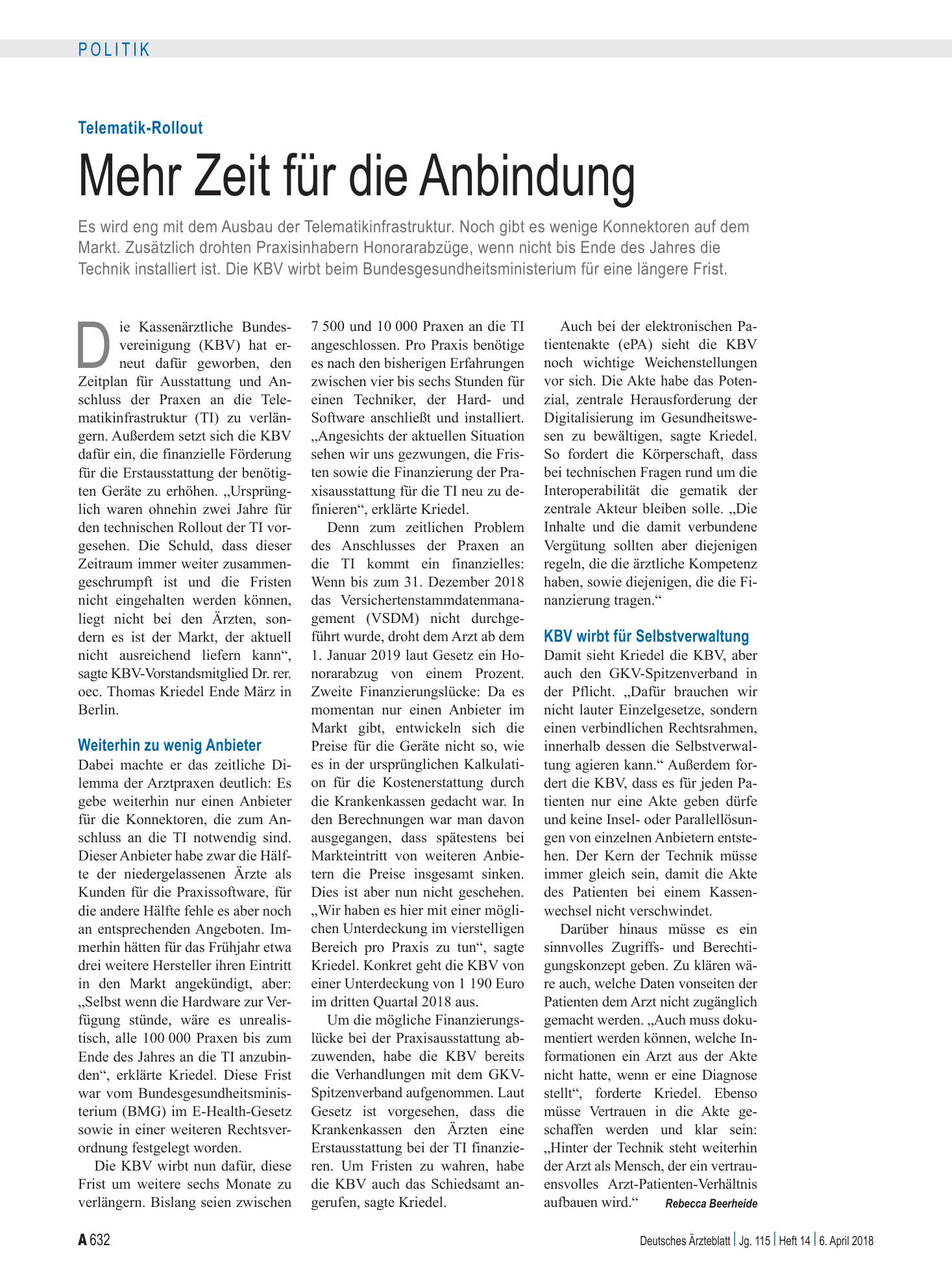 Vorschauseite 1: Telematik-Rollout: Mehr Zeit für die Anbindung – Deutsches Ärzteblatt