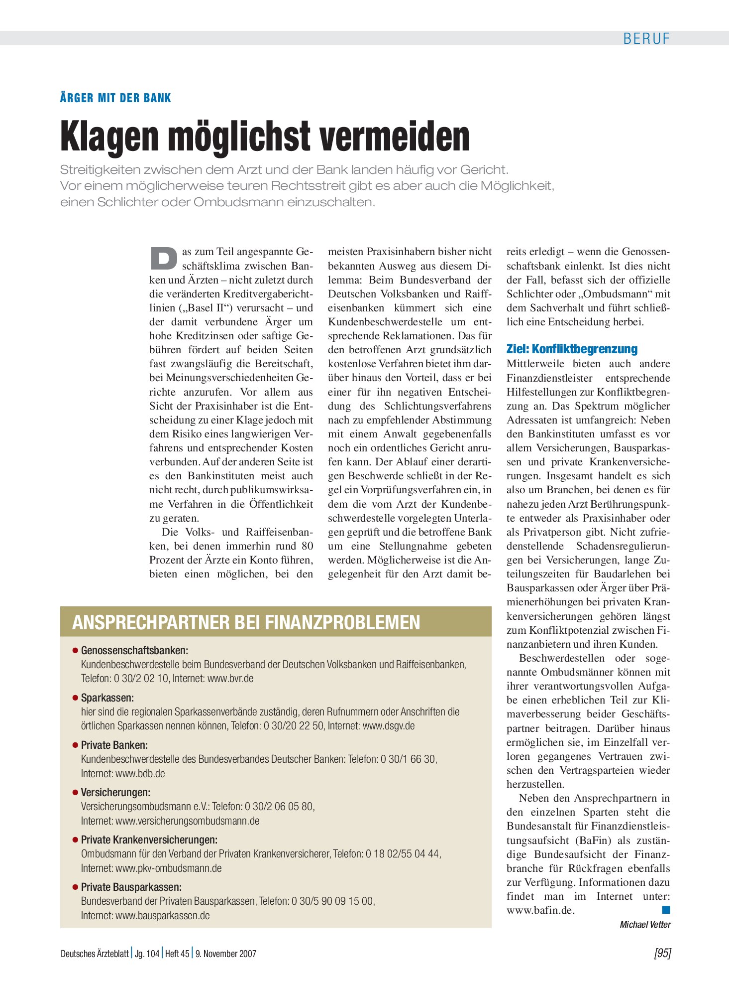 Vorschauseite 1: Ärger mit der Bank: Klagen möglichst vermeiden – Deutsches Ärzteblatt