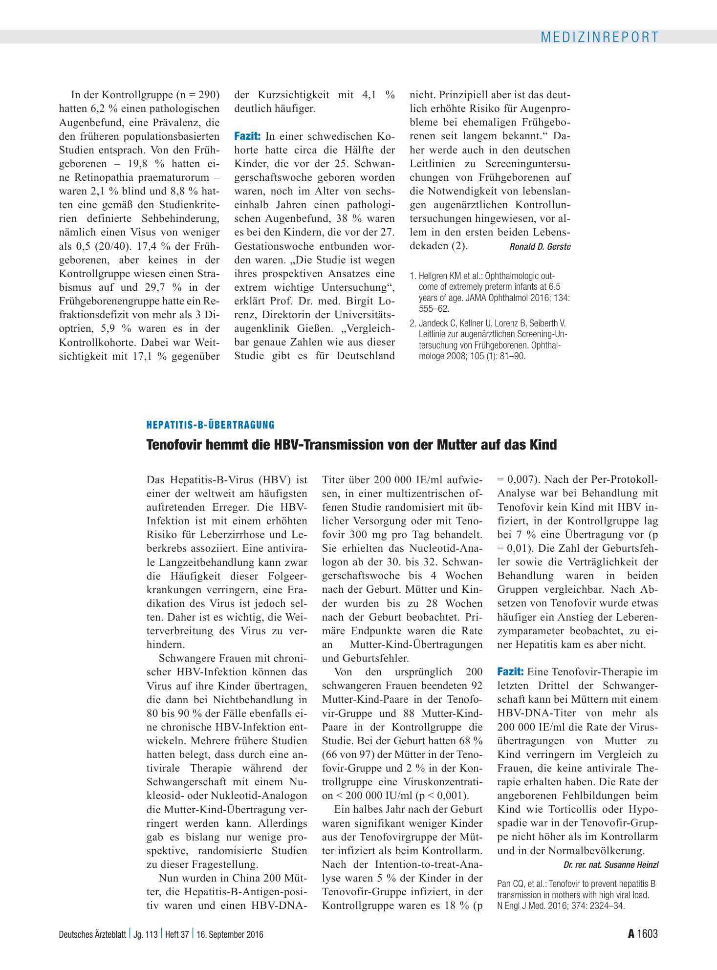 Vorschauseite 1: Hepatitis-B-Übertragung: Tenofovir hemmt die HBV-Transmission von der Mutter auf das Kind – Deutsches Ärzteblatt