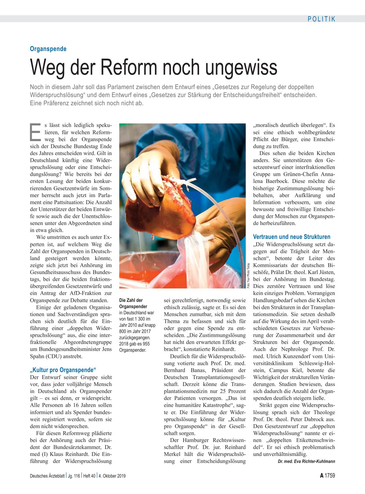 Vorschauseite 1: Organspende: Weg der Reform noch ungewiss – Deutsches Ärzteblatt