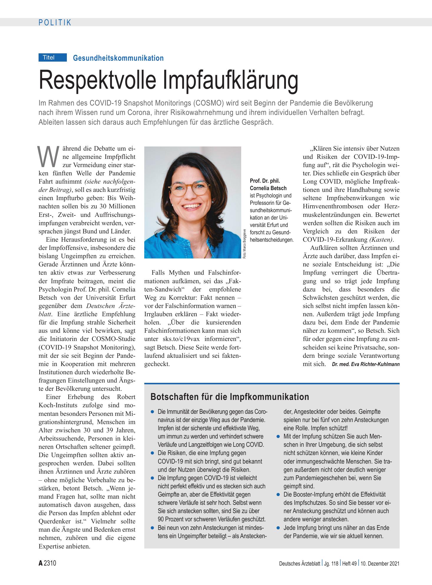 Vorschauseite 1: Gesundheitskommunikation: Respektvolle Impfaufklärung – Deutsches Ärzteblatt