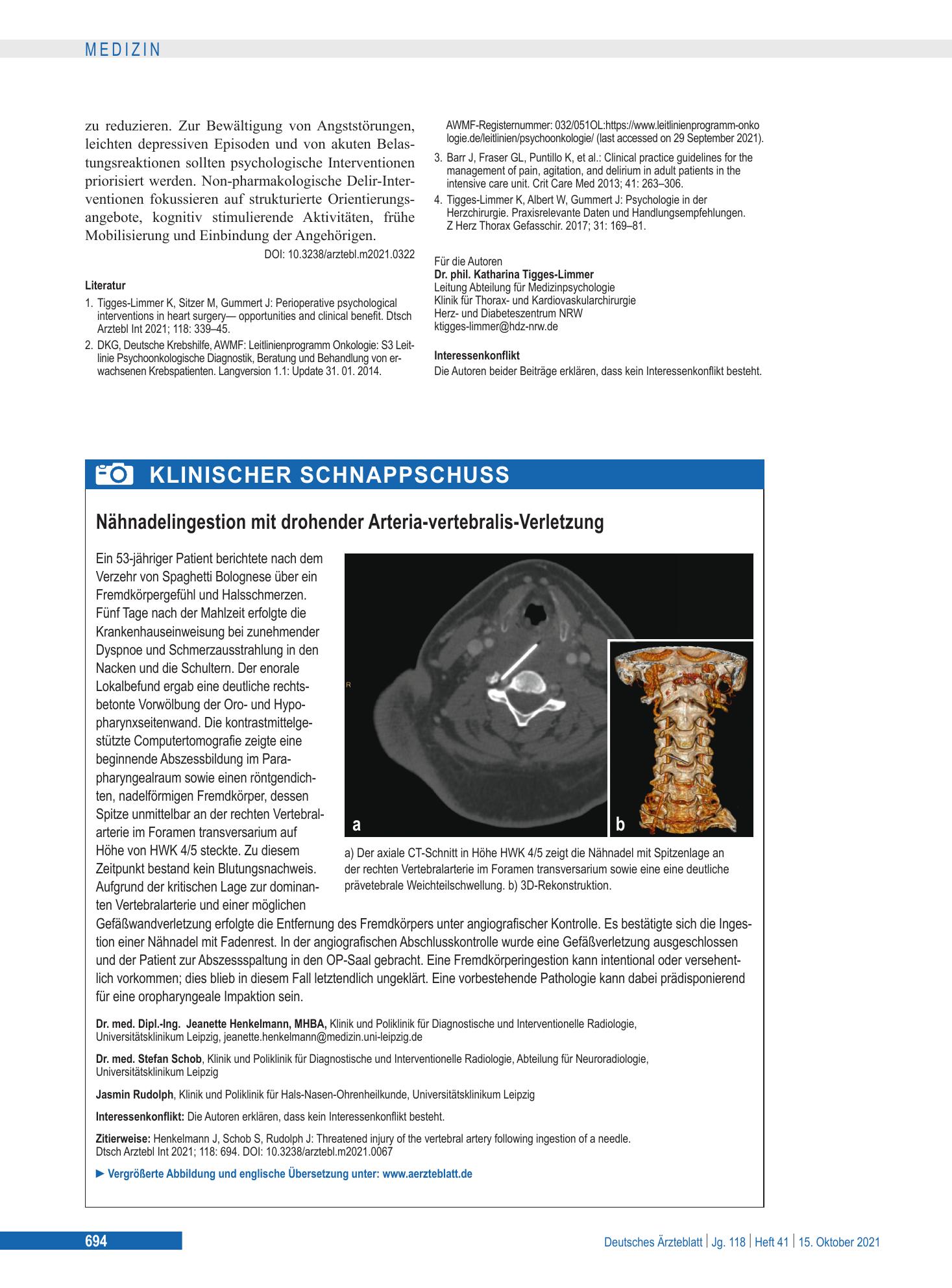 Vorschauseite 1: Nähnadelingestion mit drohender Arteria-vertebralis-Verletzung – Deutsches Ärzteblatt