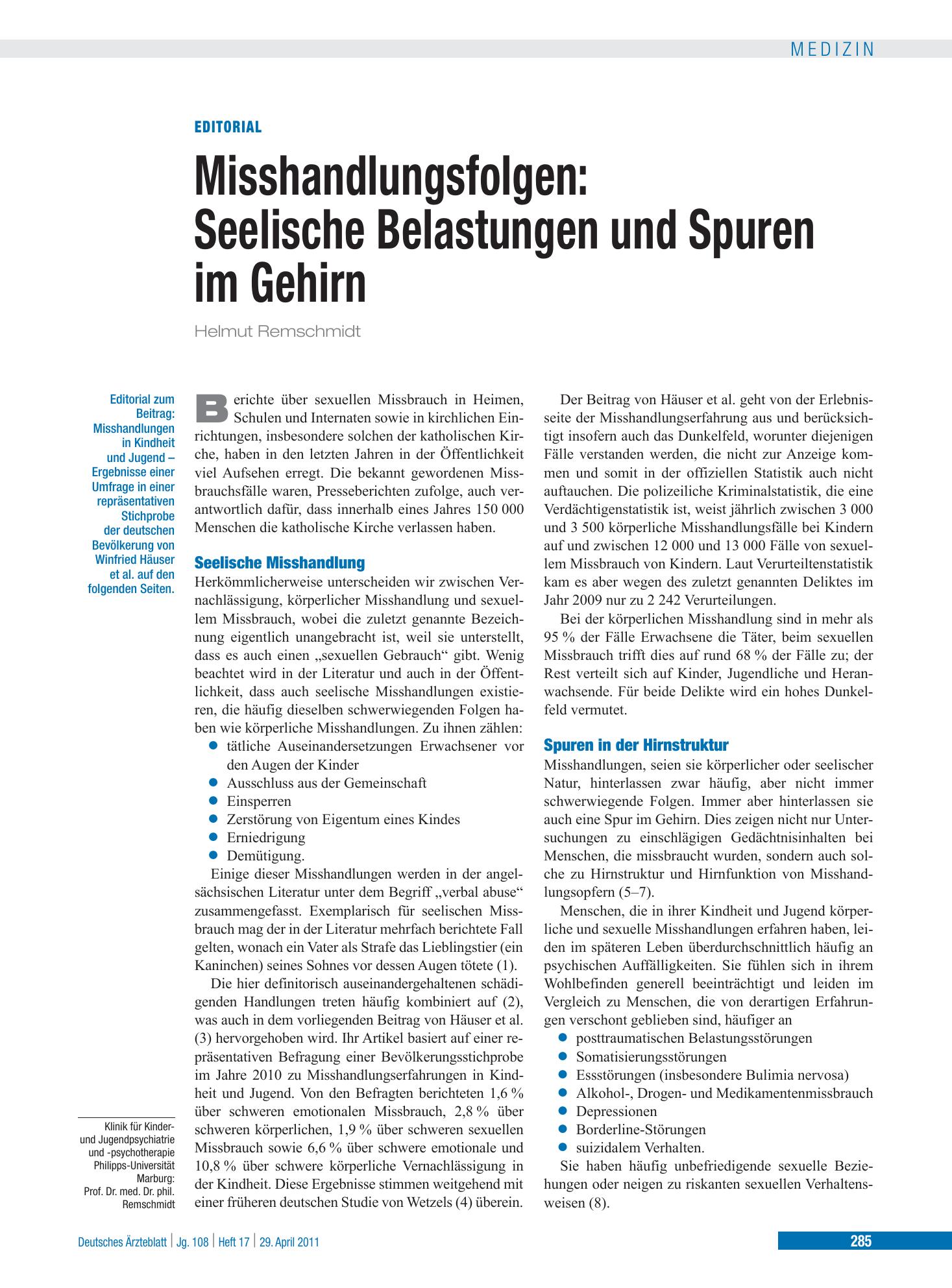 Vorschauseite 1: Misshandlungsfolgen – Deutsches Ärzteblatt