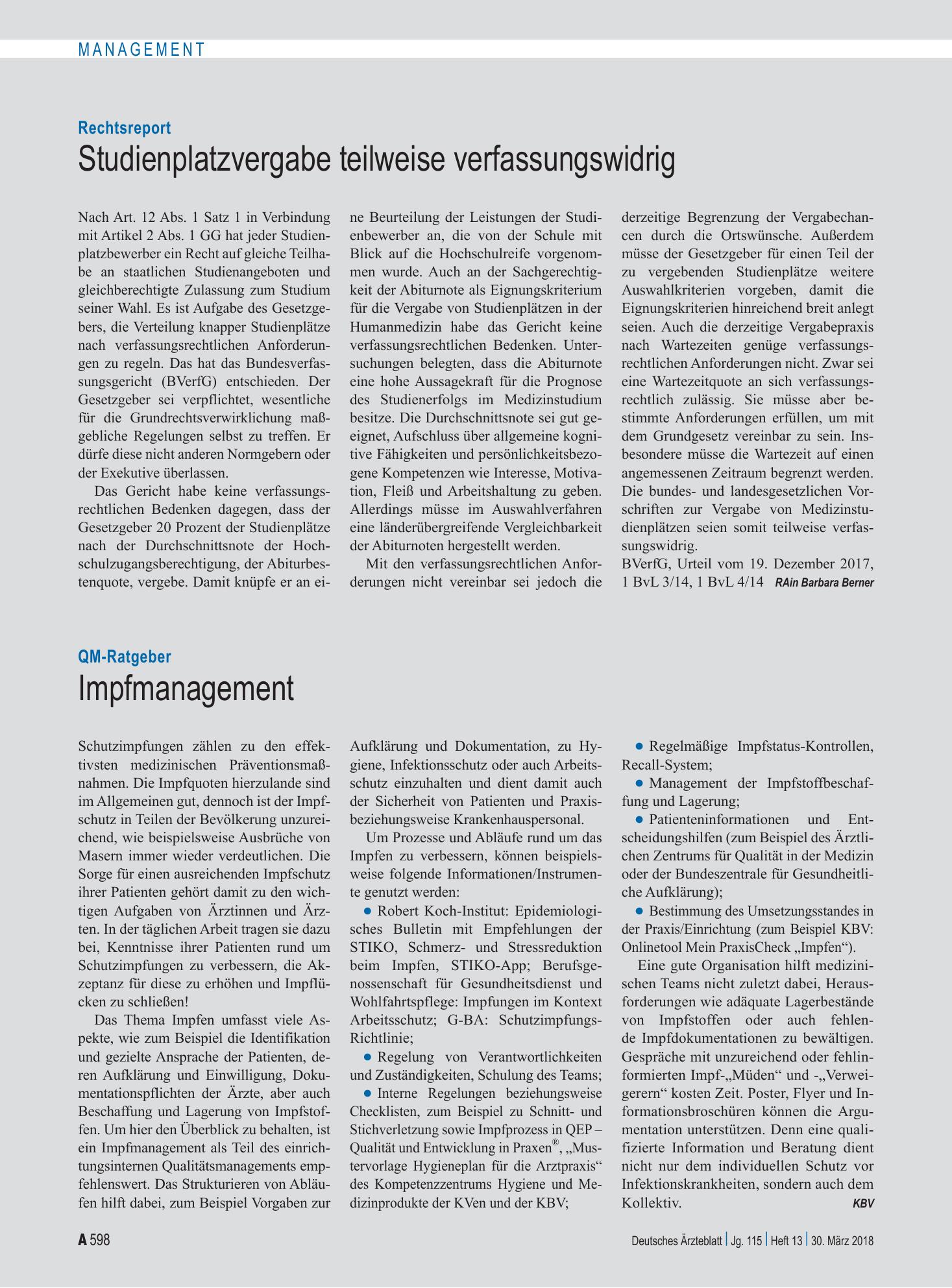 Vorschauseite 1: QM-Ratgeber: Impfmanagement – Deutsches Ärzteblatt