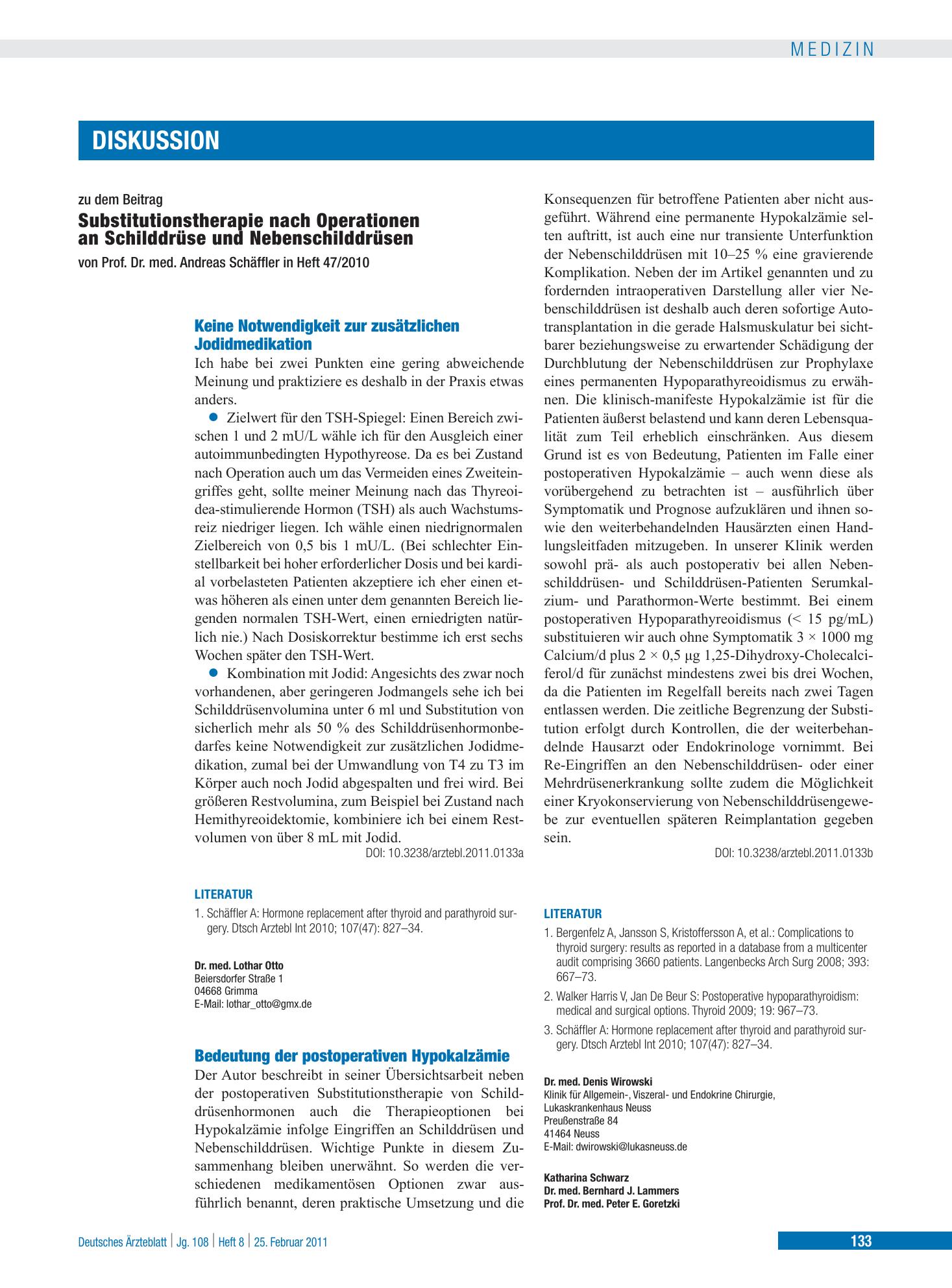 Vorschauseite 1: Bedeutung der postoperativen Hypokalzämie – Deutsches Ärzteblatt