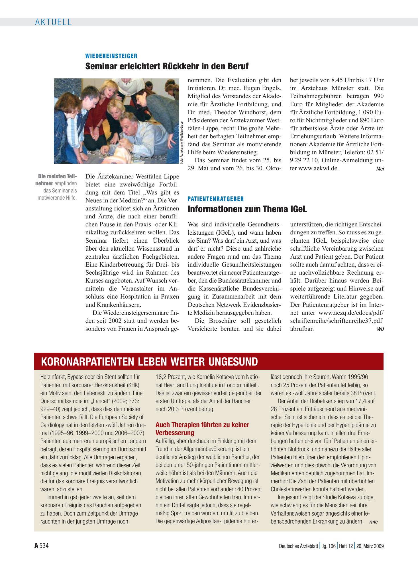 Vorschauseite 1: Koronarpatienten leben weiter ungesund – Deutsches Ärzteblatt