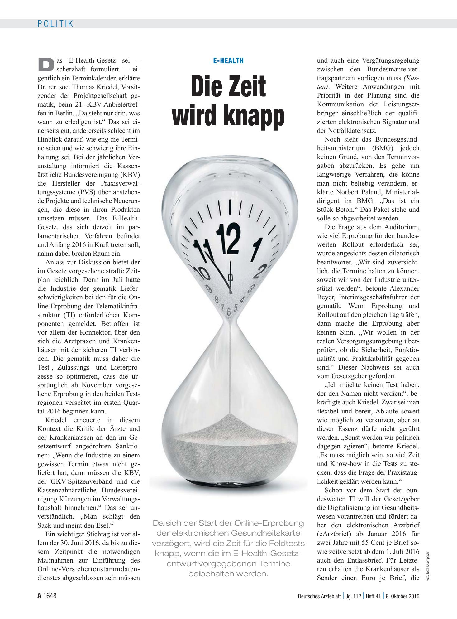 Vorschauseite 1: E-Health: Die Zeit wird knapp – Deutsches Ärzteblatt
