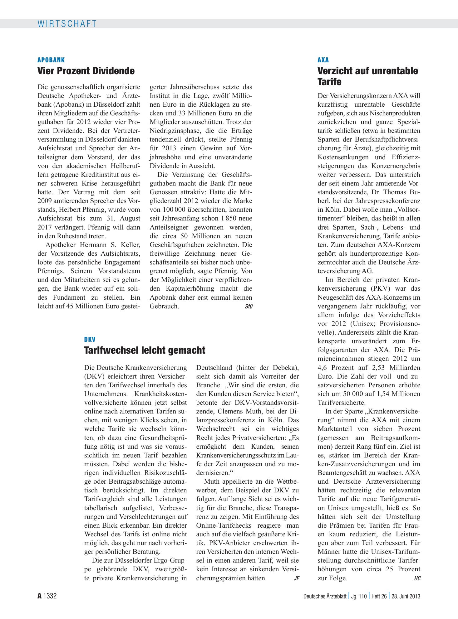 Vorschauseite 1: Apobank: Vier Prozent Dividende – Deutsches Ärzteblatt