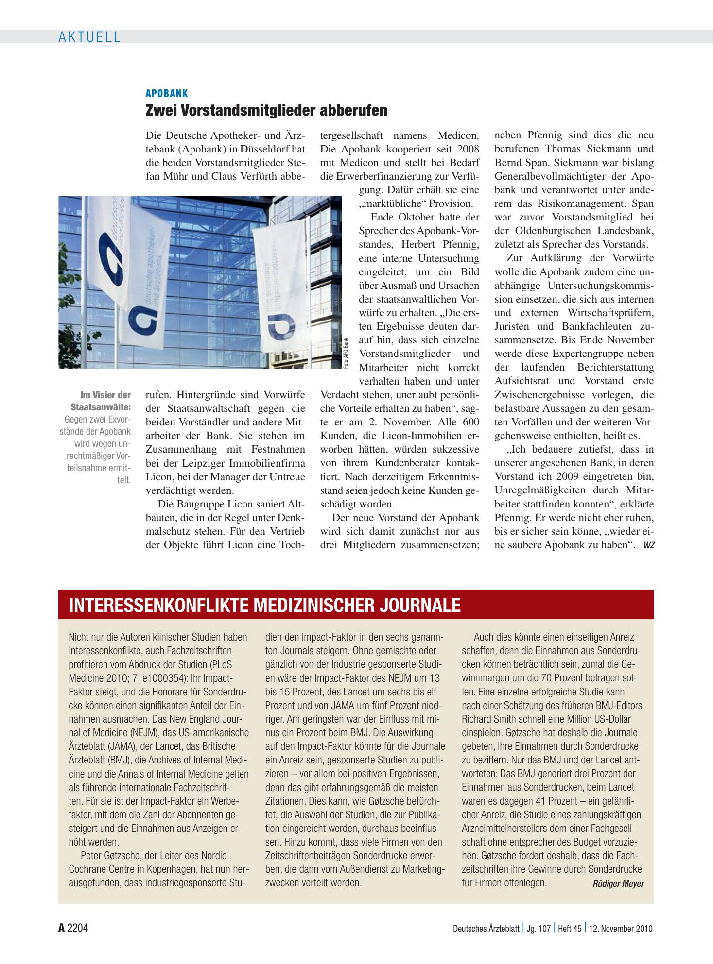 Vorschauseite 1: Interessenkonflikte medizinischer Journale – Deutsches Ärzteblatt
