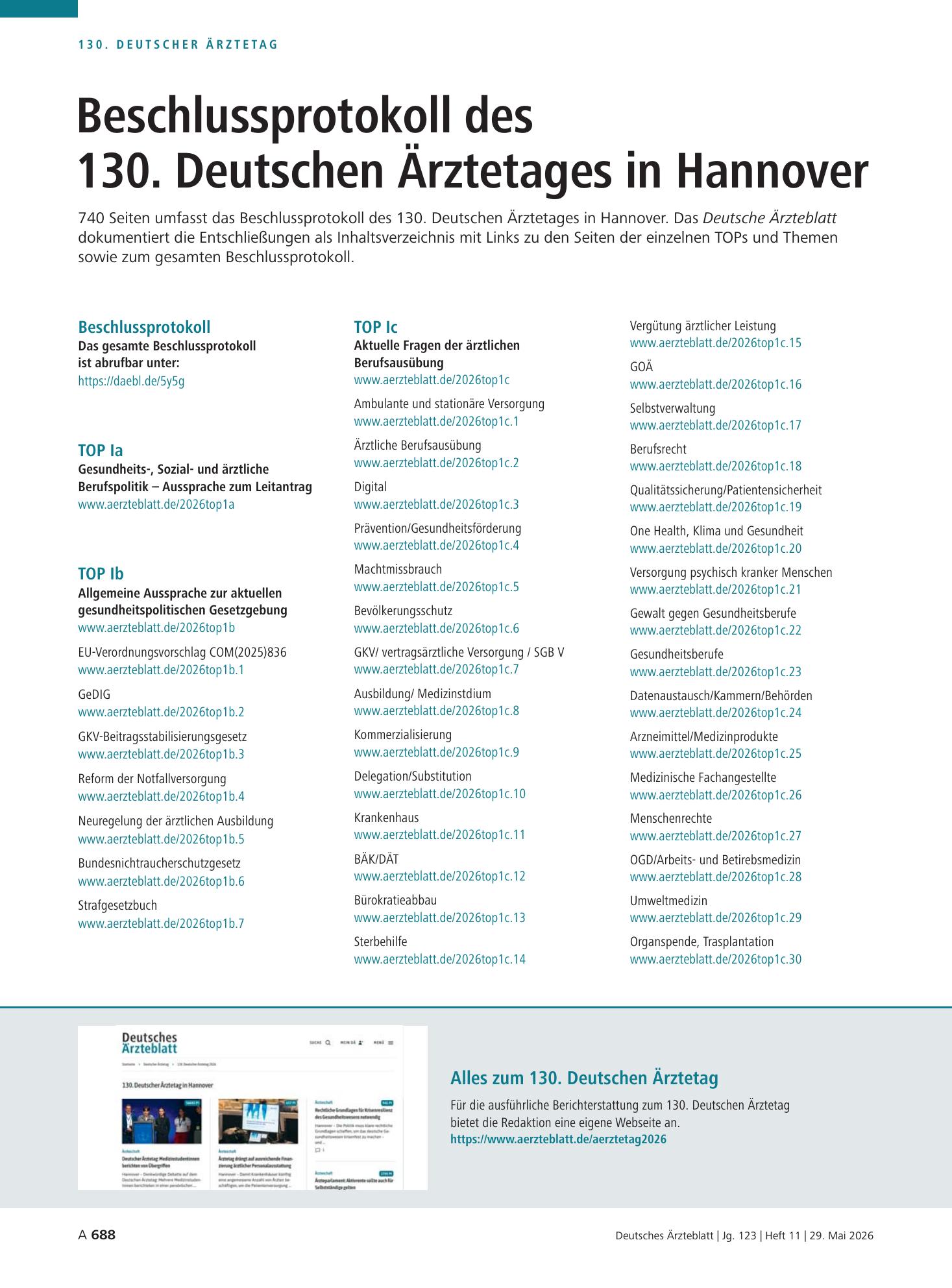 Vorschauseite 1: Beschlussprotokoll des 130. Deutschen Ärztetages in Hannover – Deutsches Ärzteblatt