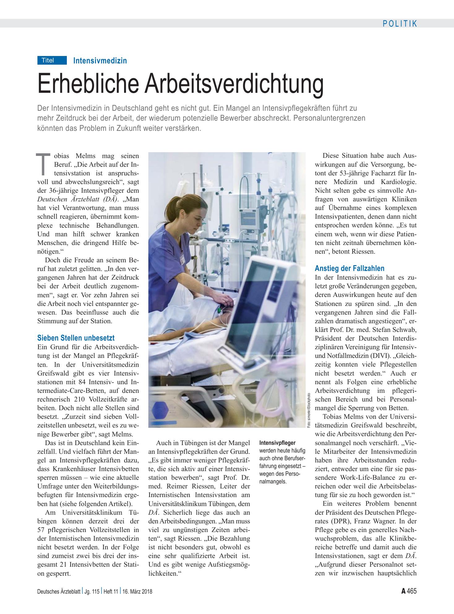 Vorschauseite 1: Intensivmedizin: Erhebliche Arbeitsverdichtung – Deutsches Ärzteblatt