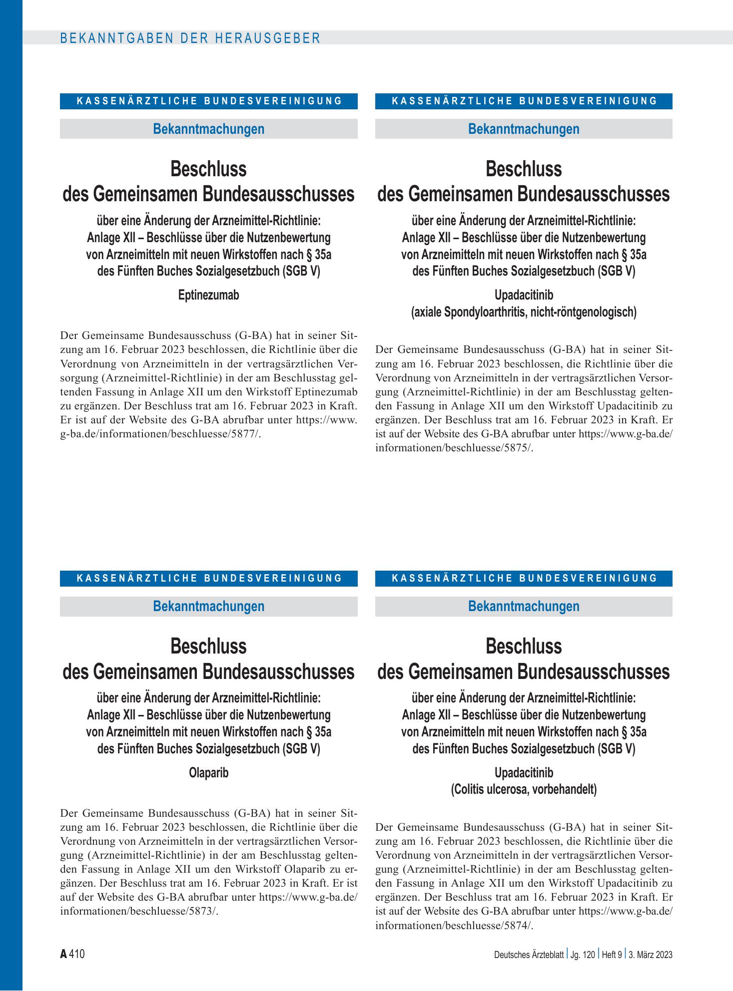 Vorschauseite 1: Beschluss des Gemeinsamen Bundesausschusses über eine Änderung der Arzneimittel-Richtlinie: Eptinezumab – Deutsches Ärzteblatt