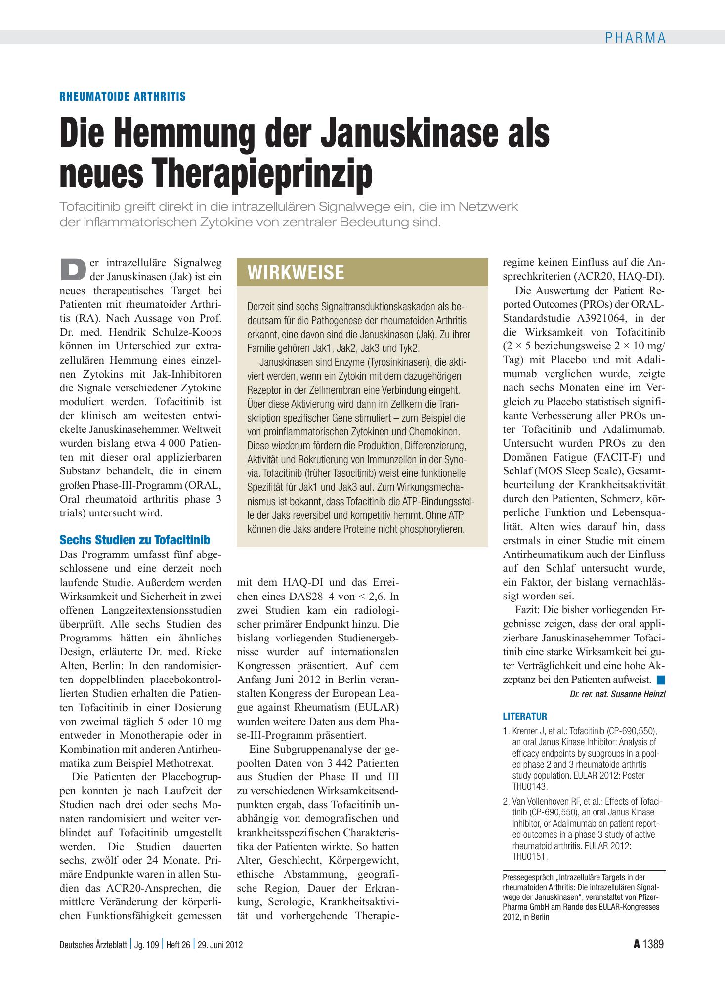 Vorschauseite 1: Rheumatoide Arthritis: Die Hemmung der Januskinase als neues Therapieprinzip – Deutsches Ärzteblatt