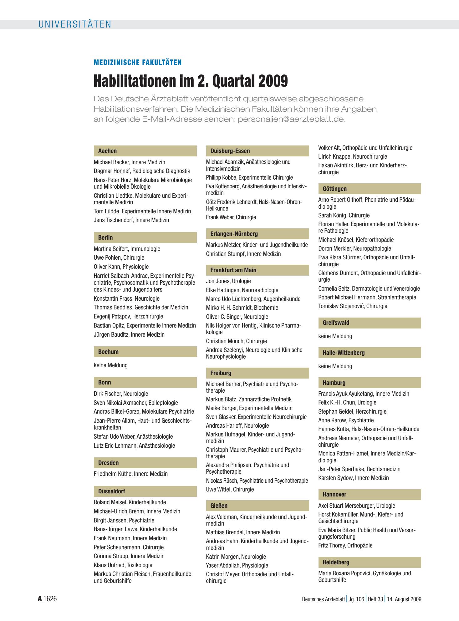 Vorschauseite 1: Medizinische Fakultäten: Habilitationen im 2. Quartal 2009 – Deutsches Ärzteblatt