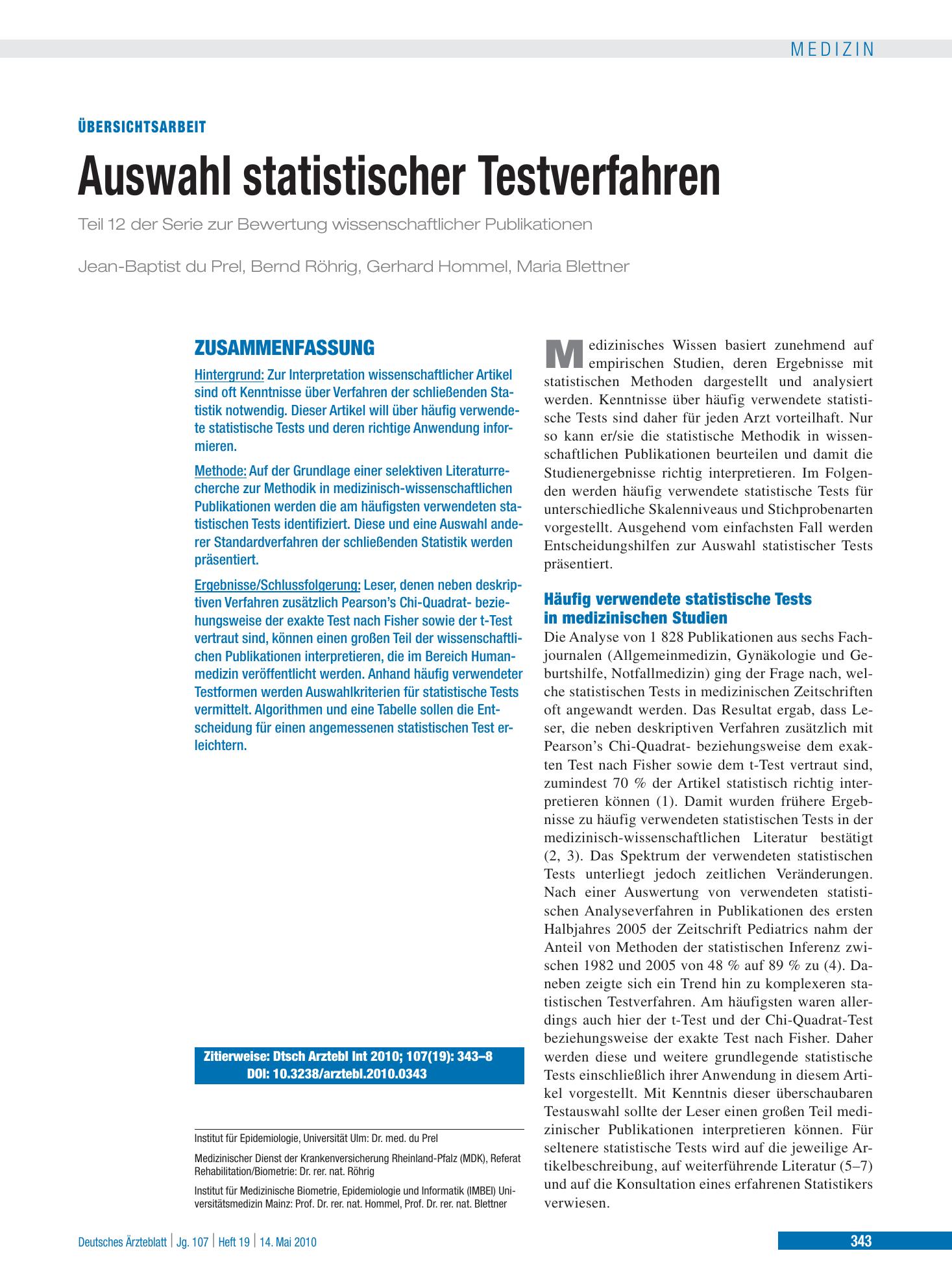 Vorschauseite 1: Auswahl statistischer Testverfahren – Deutsches Ärzteblatt
