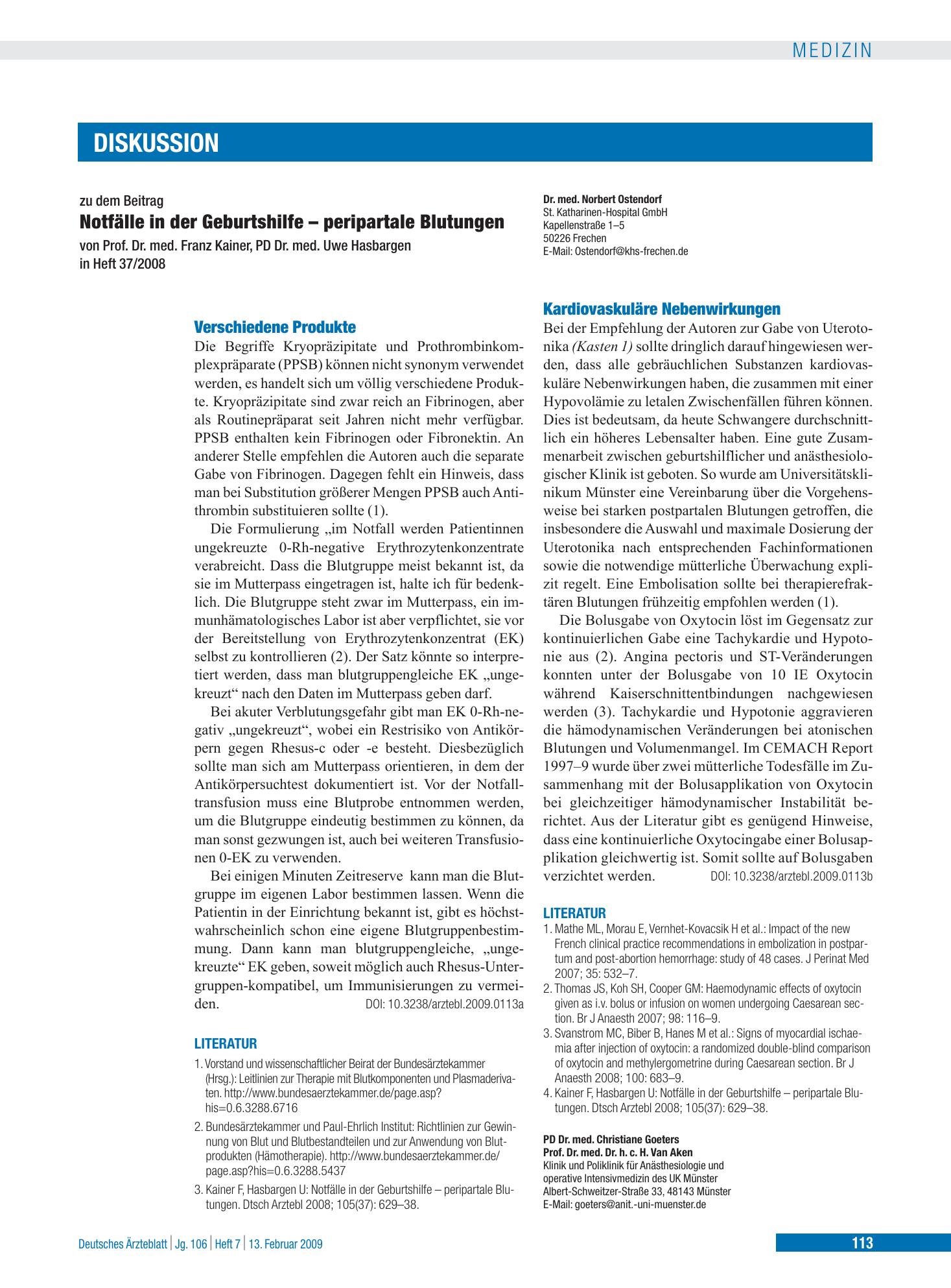 Vorschauseite 1: Notfälle in der Geburtshilfe – peripartale Blutungen: Verschiedene Produkte – Deutsches Ärzteblatt