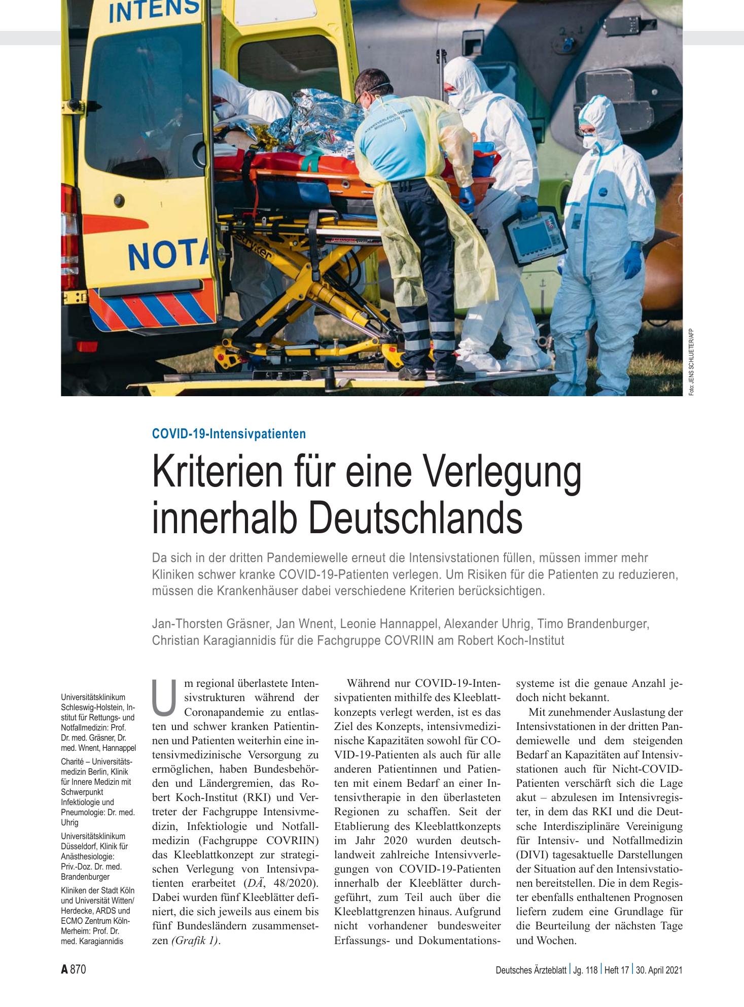 Vorschauseite 1: COVID-19-Intensivpatienten: Kriterien für eine Verlegung innerhalb Deutschlands – Deutsches Ärzteblatt