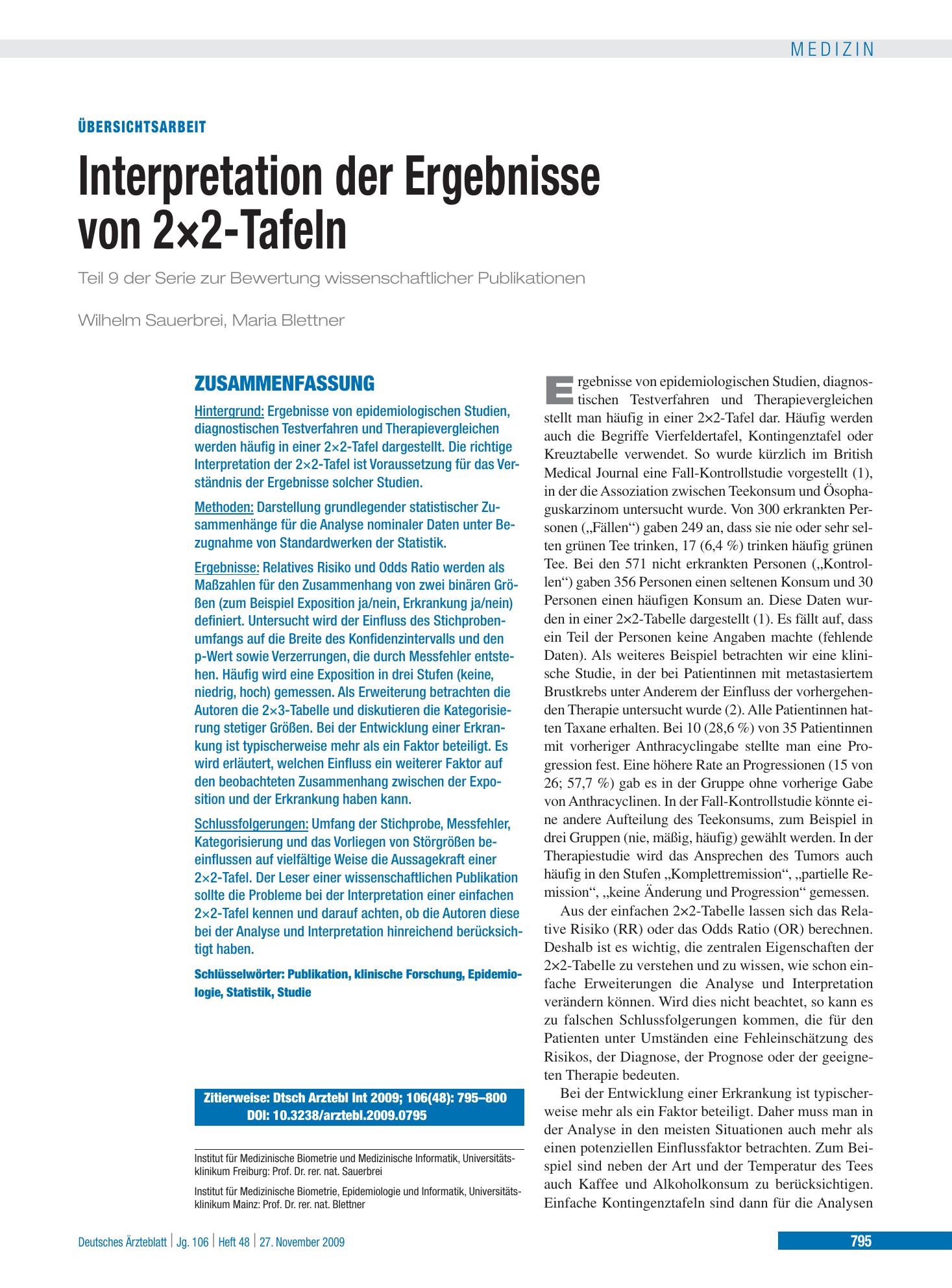 Vorschauseite 1: Interpretation der Ergebnisse von 2×2-Tafeln – Deutsches Ärzteblatt