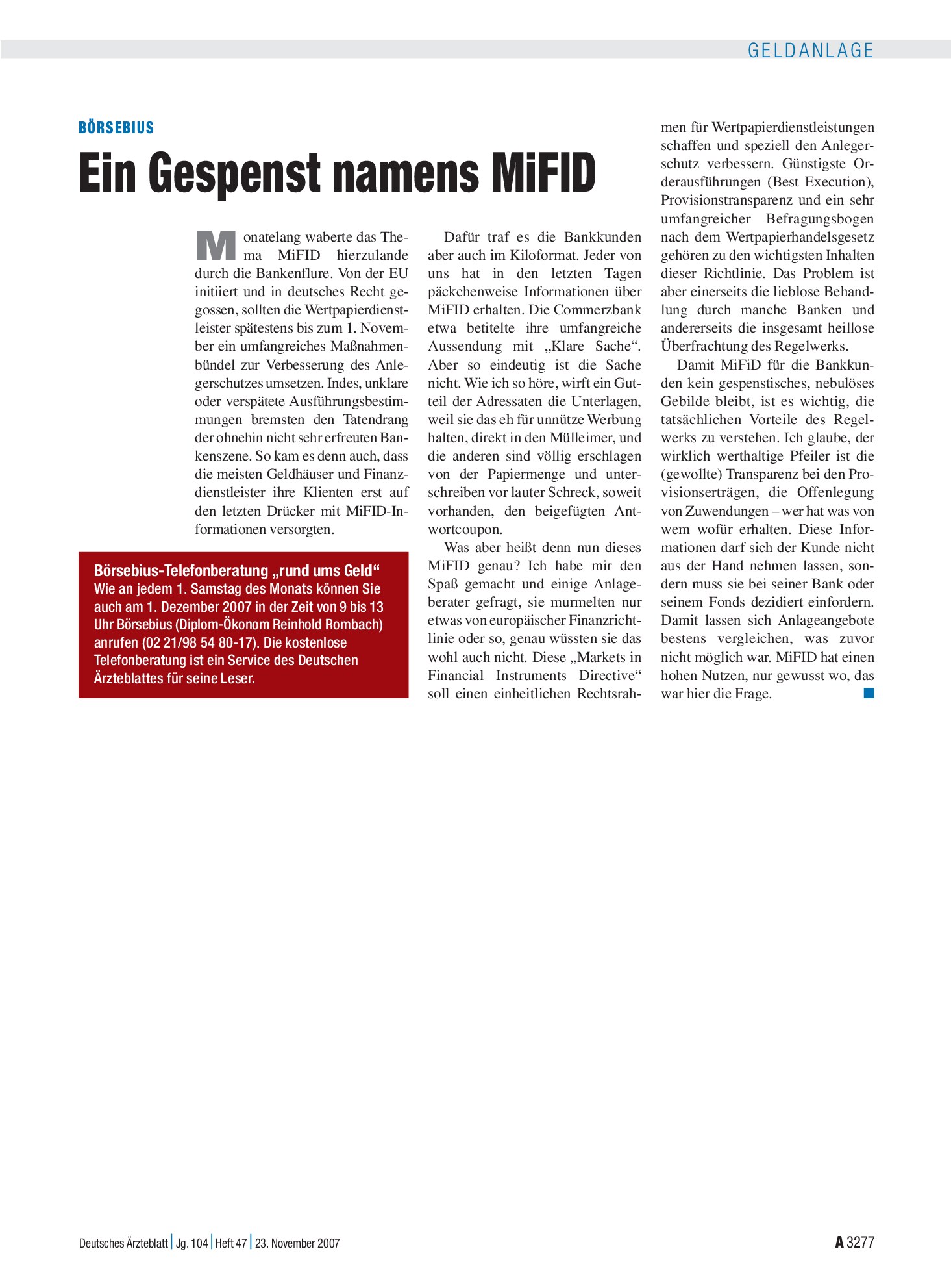 Vorschauseite 1: Ein Gespenst namens MiFID – Deutsches Ärzteblatt