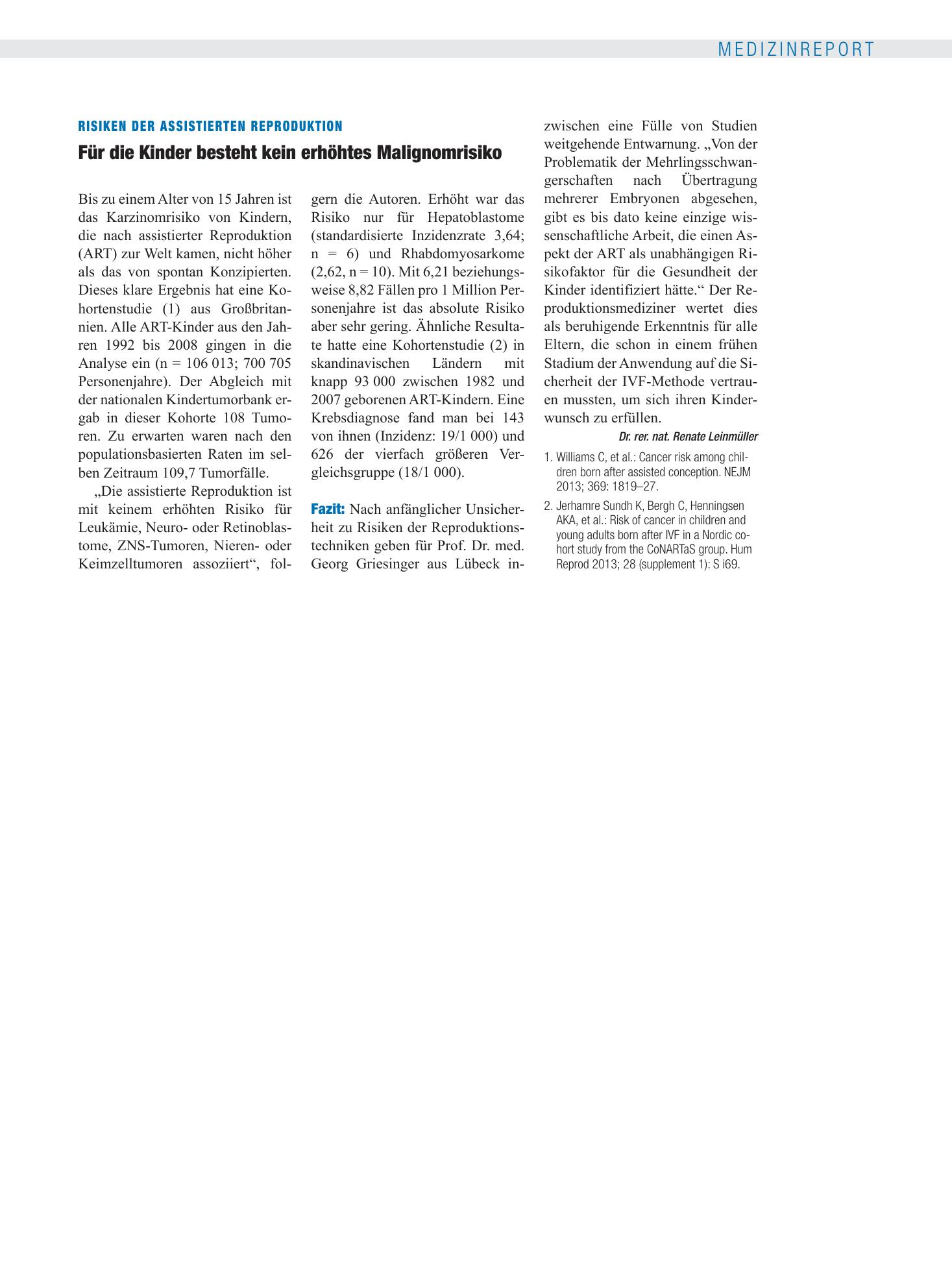 Vorschauseite 1: Risiken der Assistierten Reproduktion: Für die Kinder besteht kein erhöhtes Malignomrisiko – Deutsches Ärzteblatt