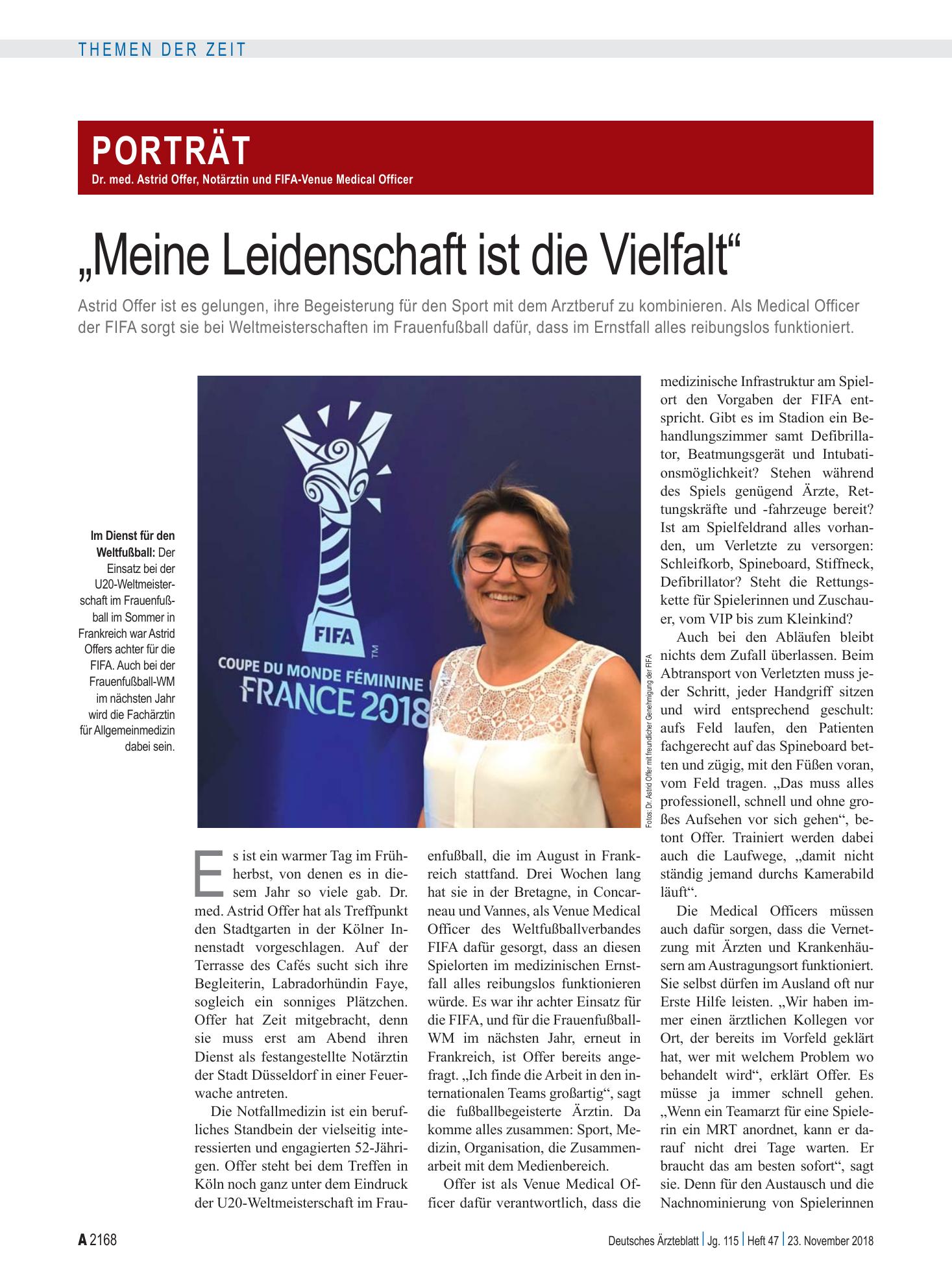 Vorschauseite 1: Dr. med. Astrid Offer, Notärztin und FIFA-Venue Medical Officer: „Meine Leidenschaft ist die Vielfalt“ – Deutsches Ärzteblatt