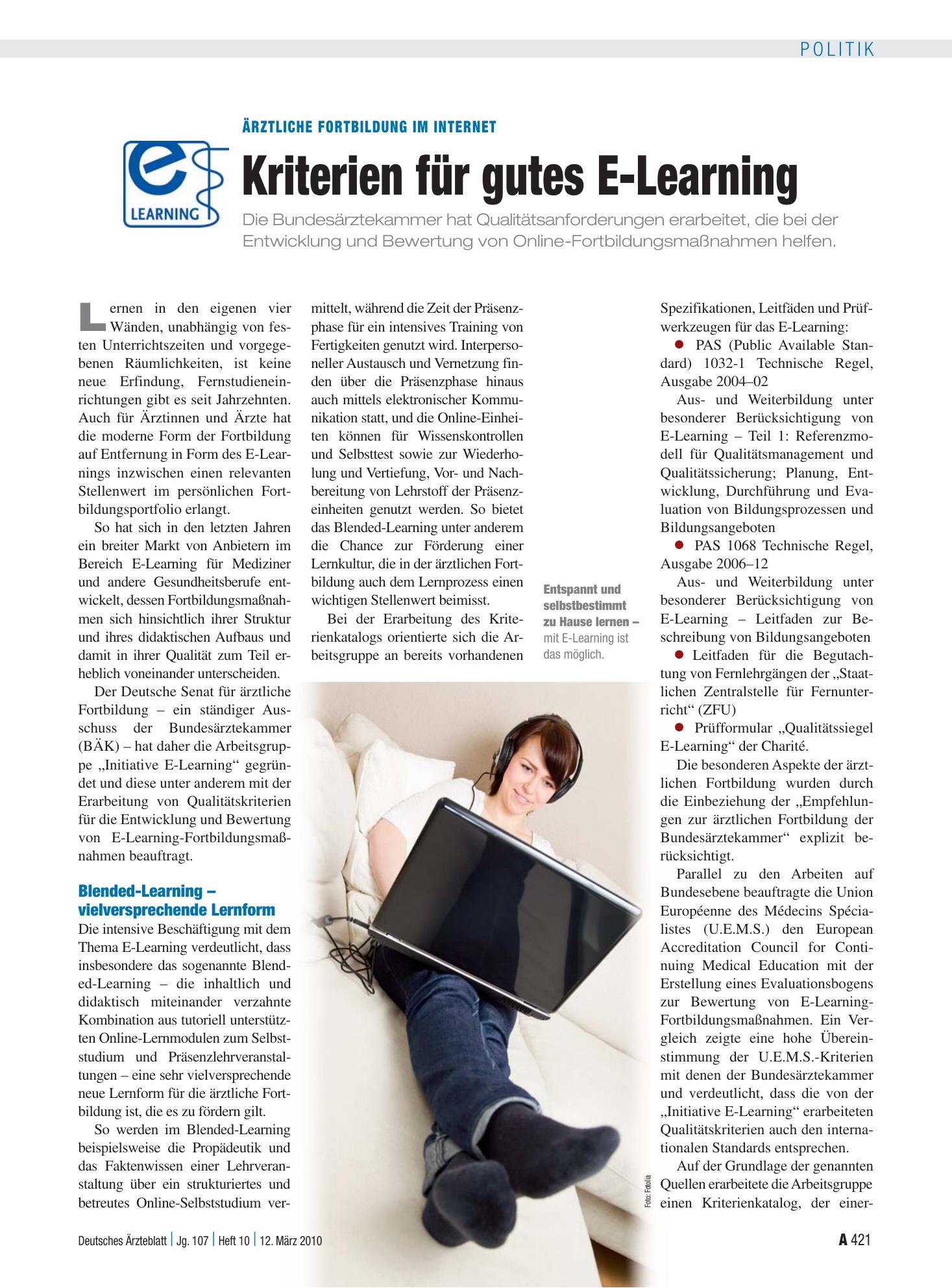 Vorschauseite 1: Ärztliche Fortbildung im Internet: Kriterien für gutes E-Learning – Deutsches Ärzteblatt