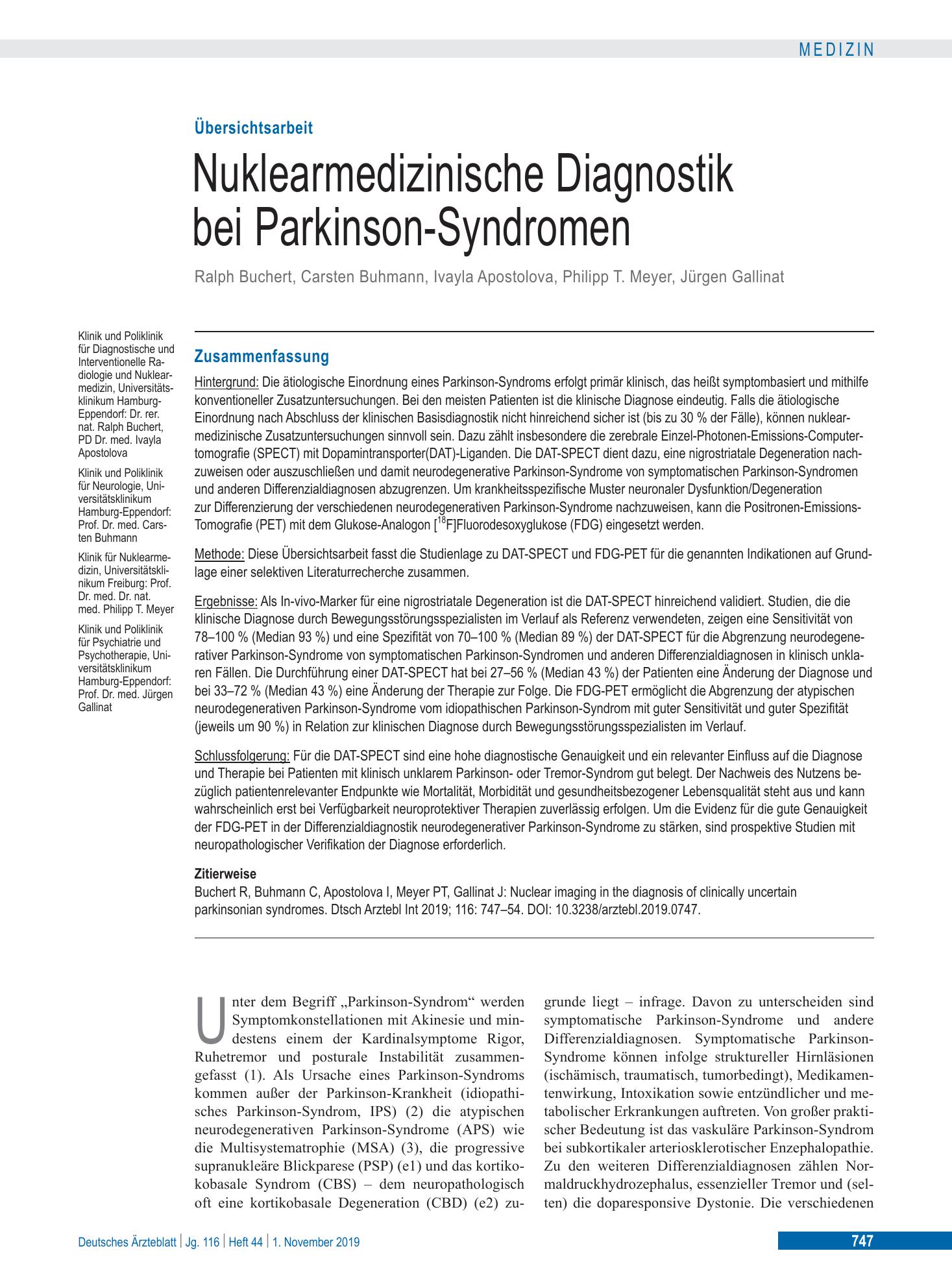 Vorschauseite 1: Nuklearmedizinische Diagnostik bei Parkinson-Syndromen – Deutsches Ärzteblatt
