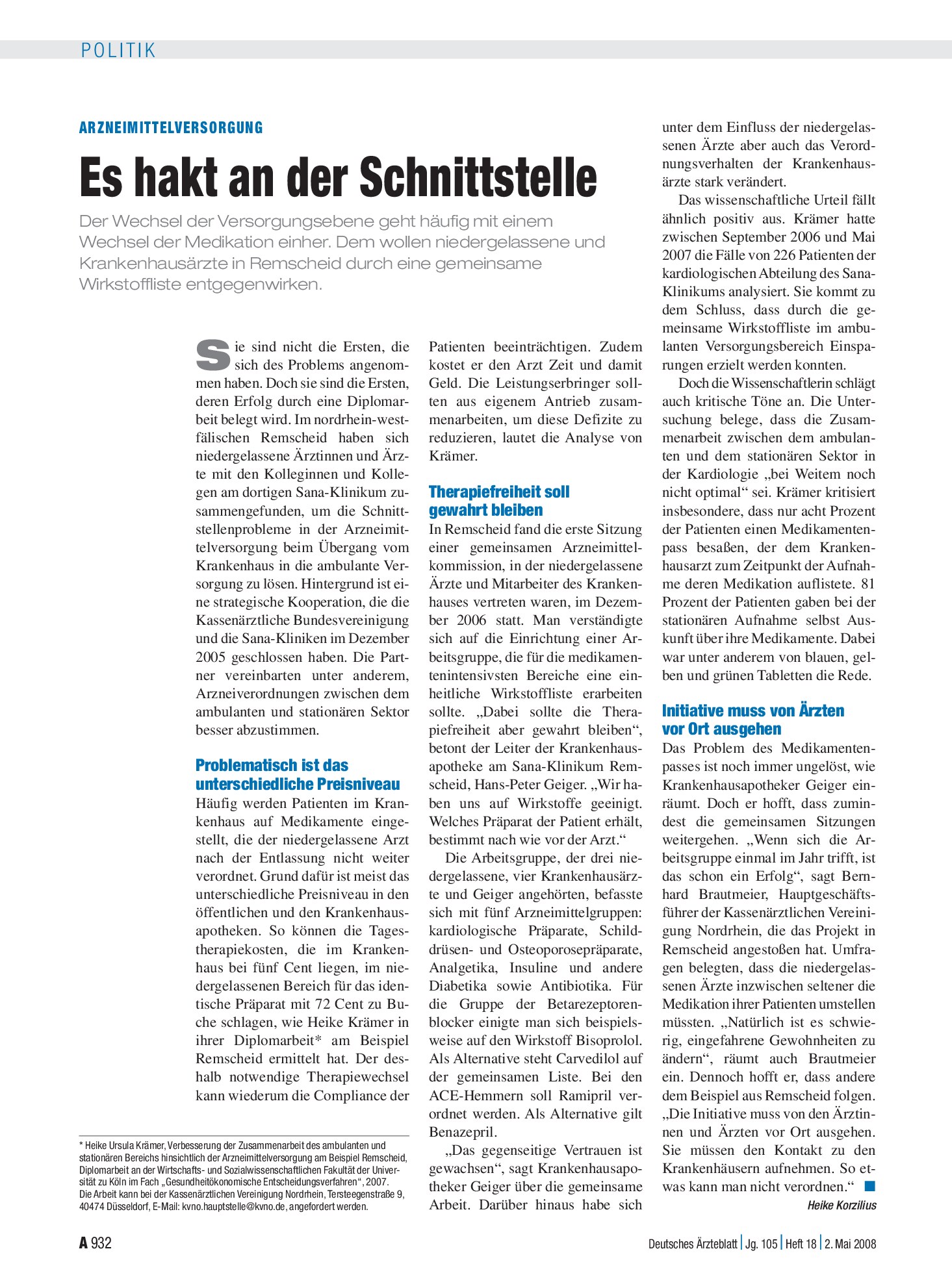 Vorschauseite 1: Arzneimittelversorgung: Es hakt an der Schnittstelle – Deutsches Ärzteblatt