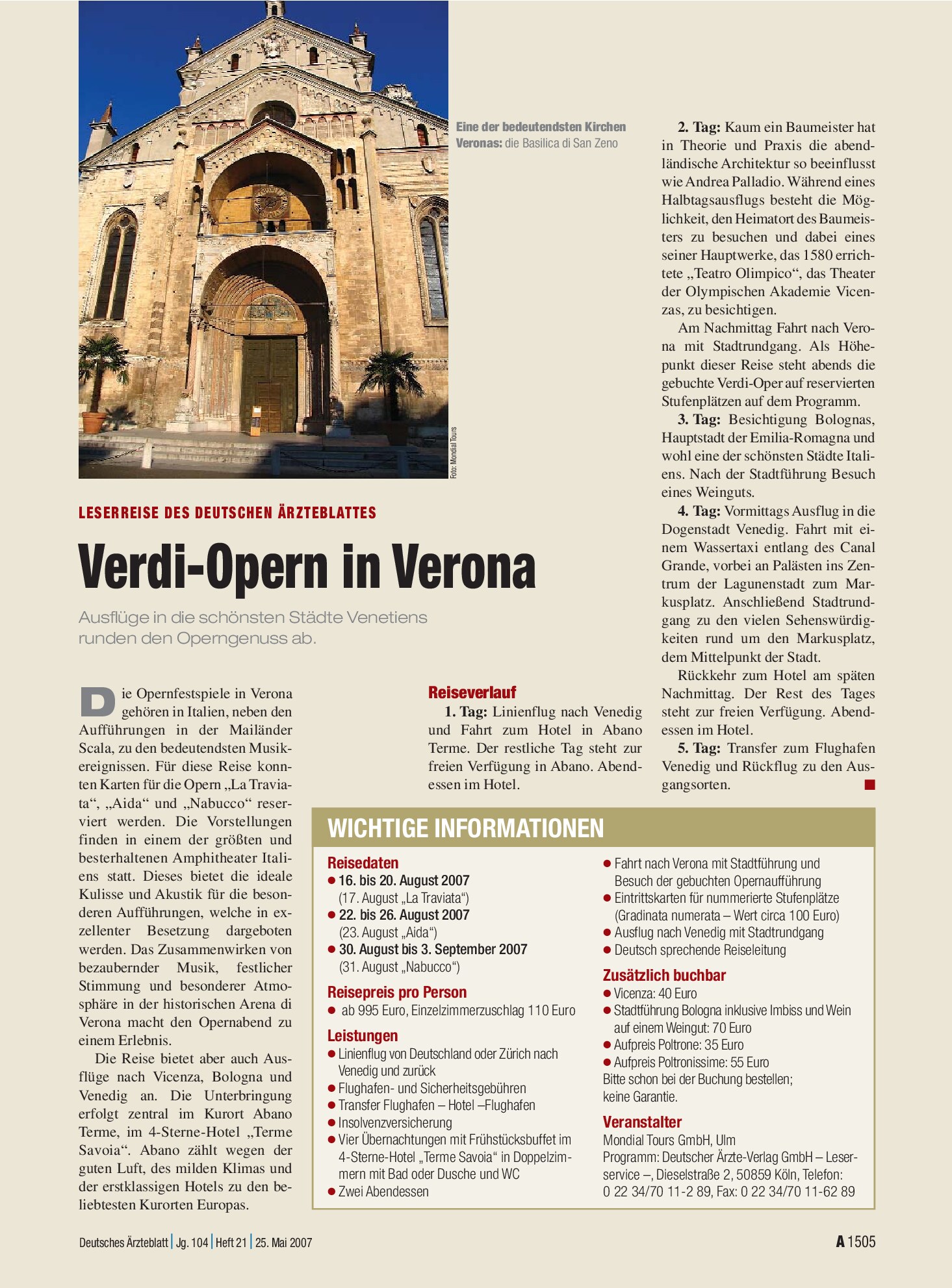 Vorschauseite 1: Leserreise des Deutschen Ärzteblattes: Verdi-Opern in Verona – Deutsches Ärzteblatt