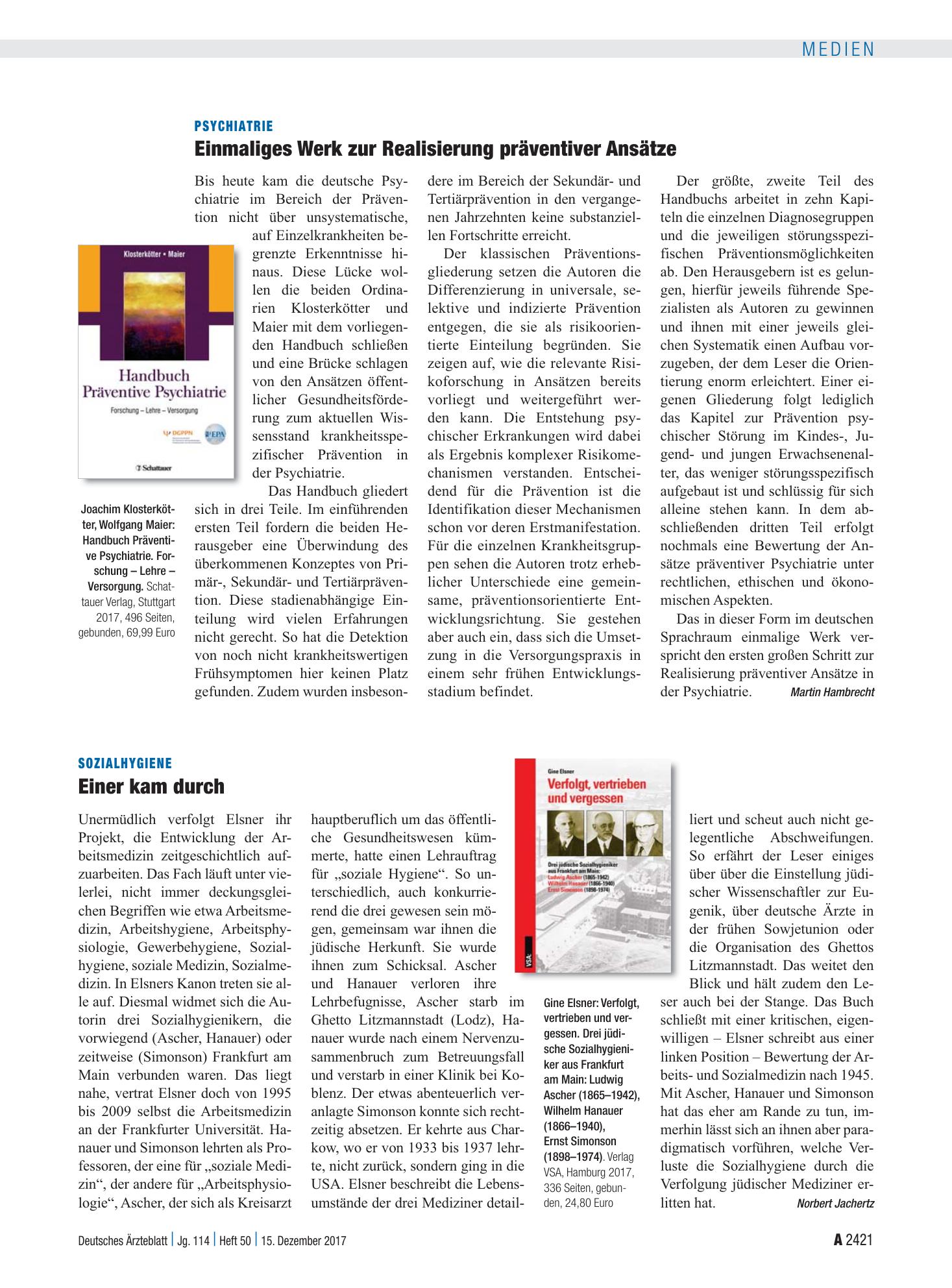 Vorschauseite 1: Sozialhygiene: Einer kam durch – Deutsches Ärzteblatt