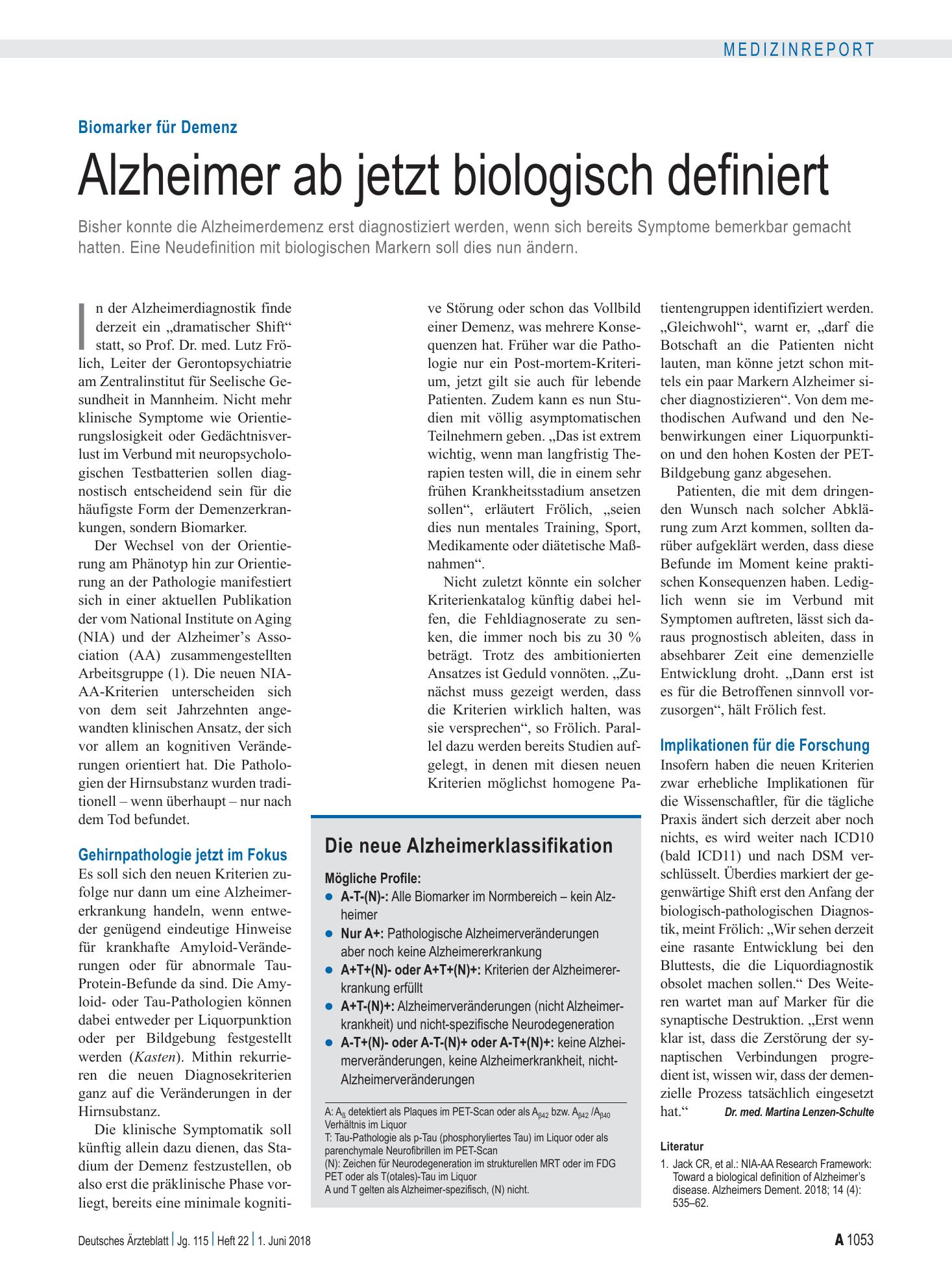 Vorschauseite 1: Biomarker für Demenz: Alzheimer ab jetzt biologisch definiert – Deutsches Ärzteblatt