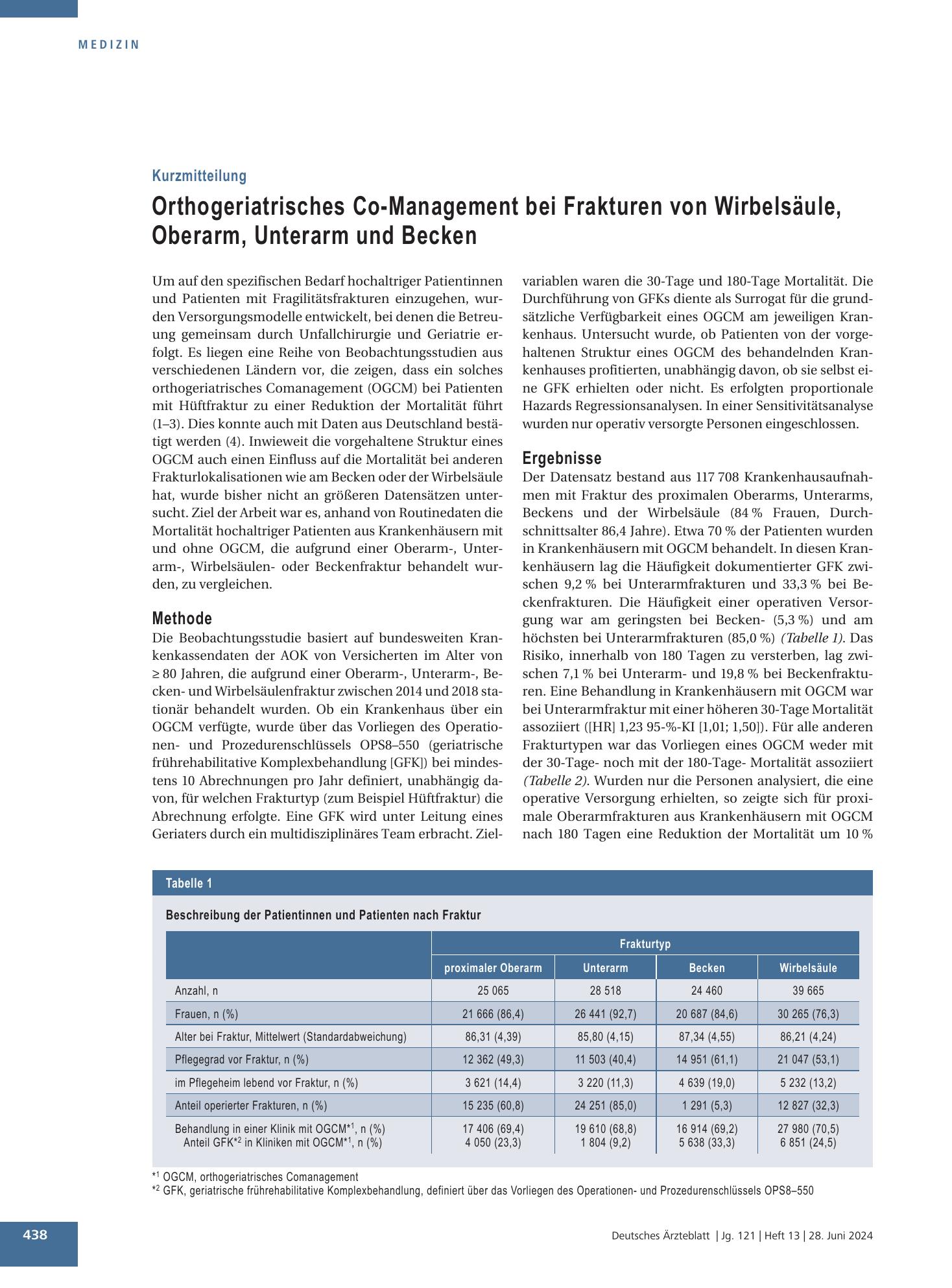Vorschauseite 1: Orthogeriatrisches Co-Management bei Frakturen von Wirbelsäule, Oberarm, Unterarm und Becken – Deutsches Ärzteblatt