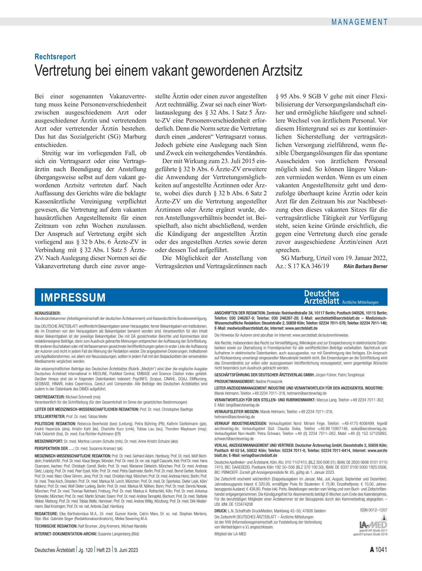 Vorschauseite 1: Rechtsreport: Vertretung bei einem vakant gewordenen Arztsitz – Deutsches Ärzteblatt