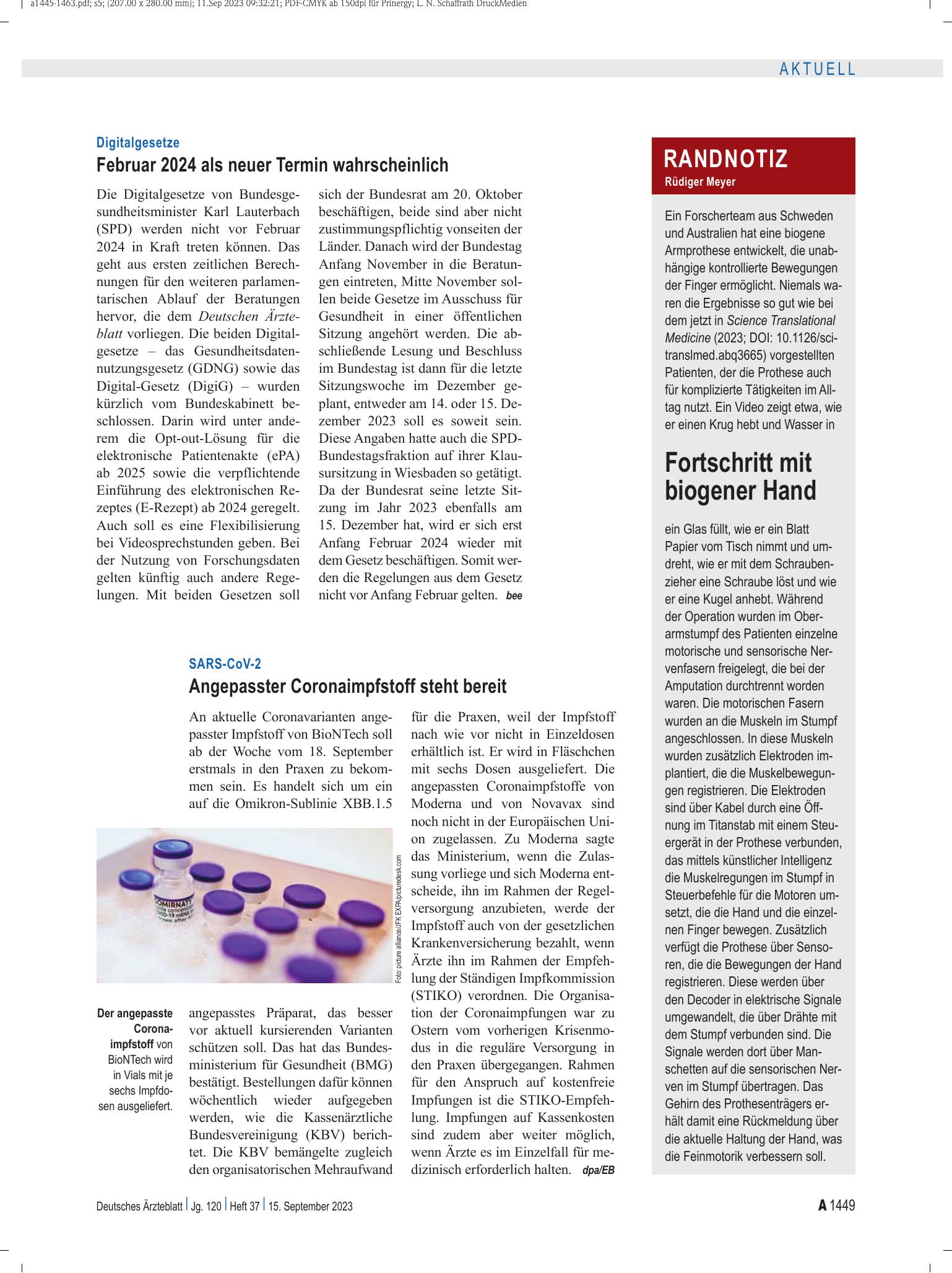 Vorschauseite 1: SARS-CoV-2: Angepasster Coronaimpfstoff steht bereit – Deutsches Ärzteblatt