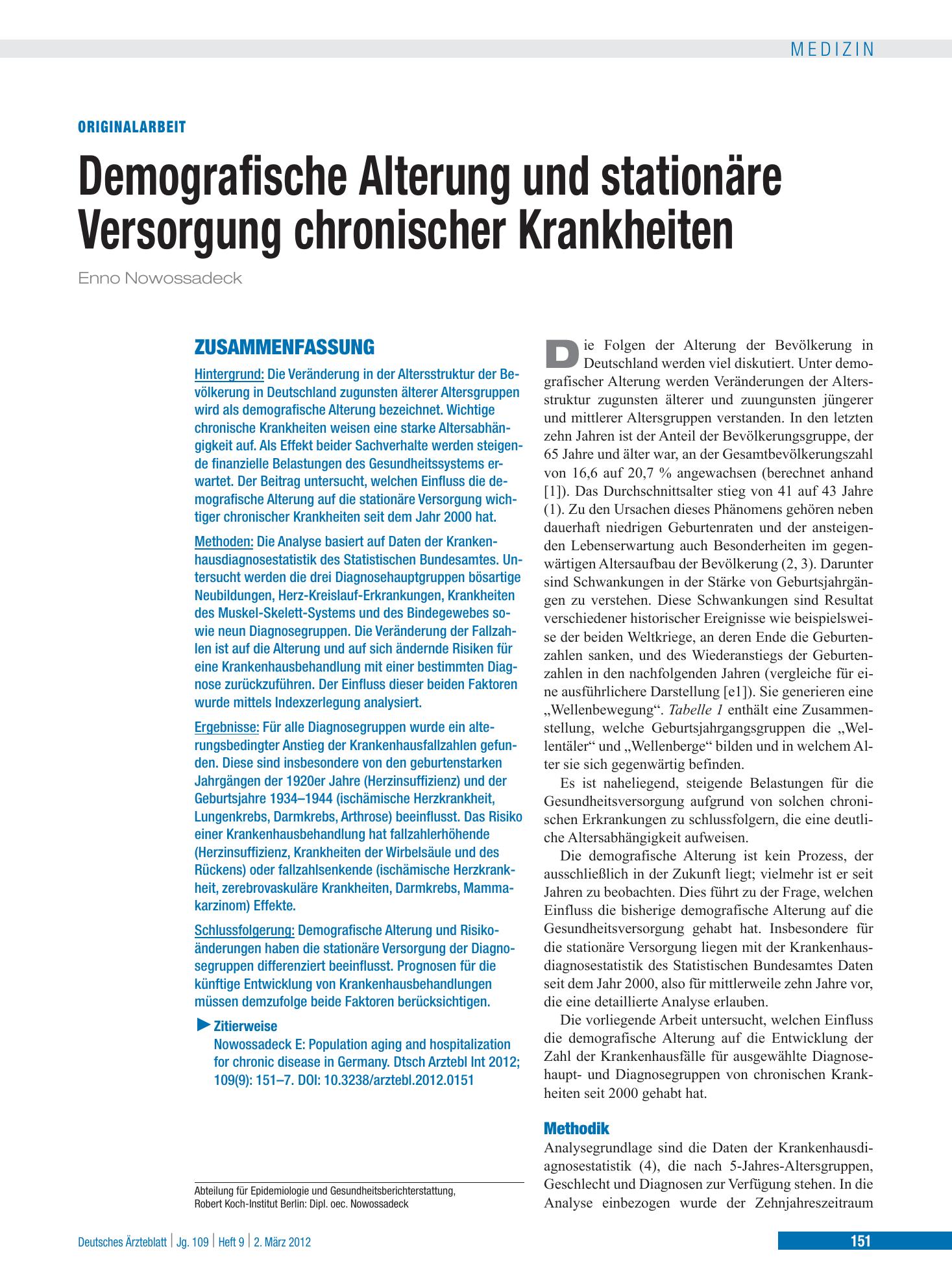Vorschauseite 1: Demografische Alterung und stationäre Versorgung chronischer Krankheiten – Deutsches Ärzteblatt