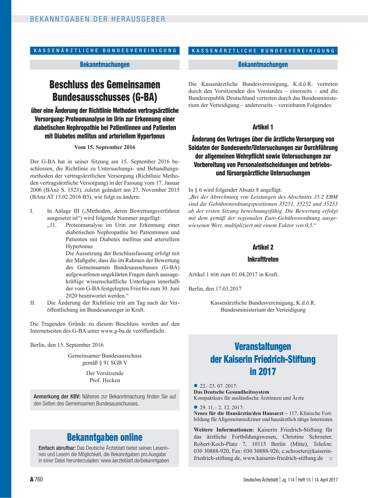 Vorschauseite 1: Bekanntgaben online – Deutsches Ärzteblatt
