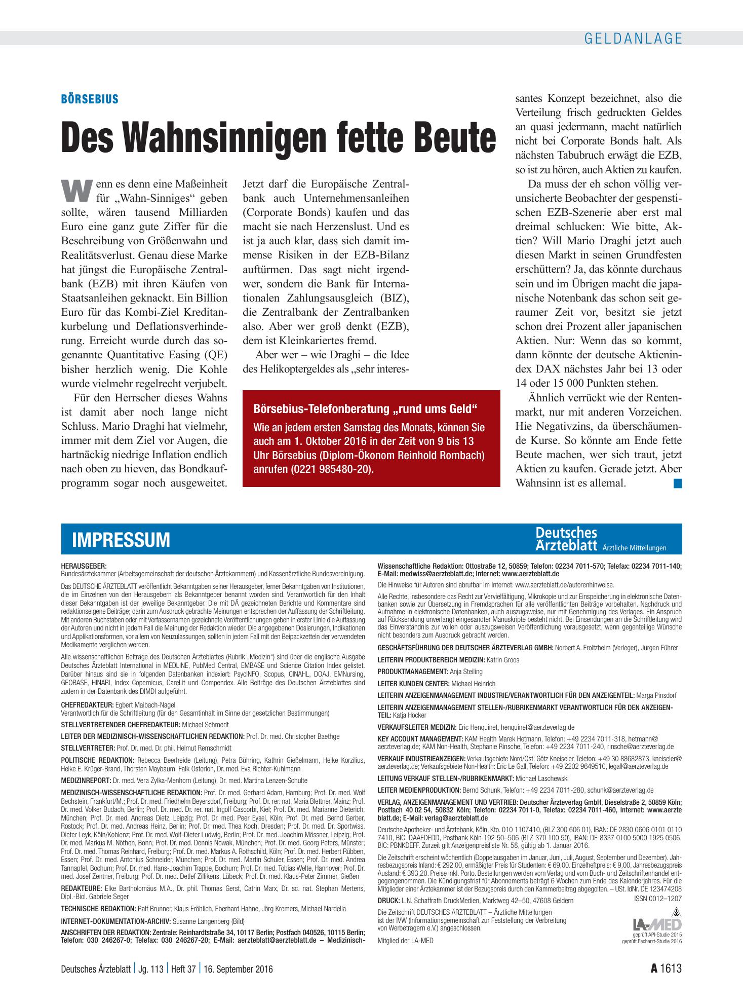 Vorschauseite 1: Börsebius: Des Wahnsinnigen fette Beute – Deutsches Ärzteblatt