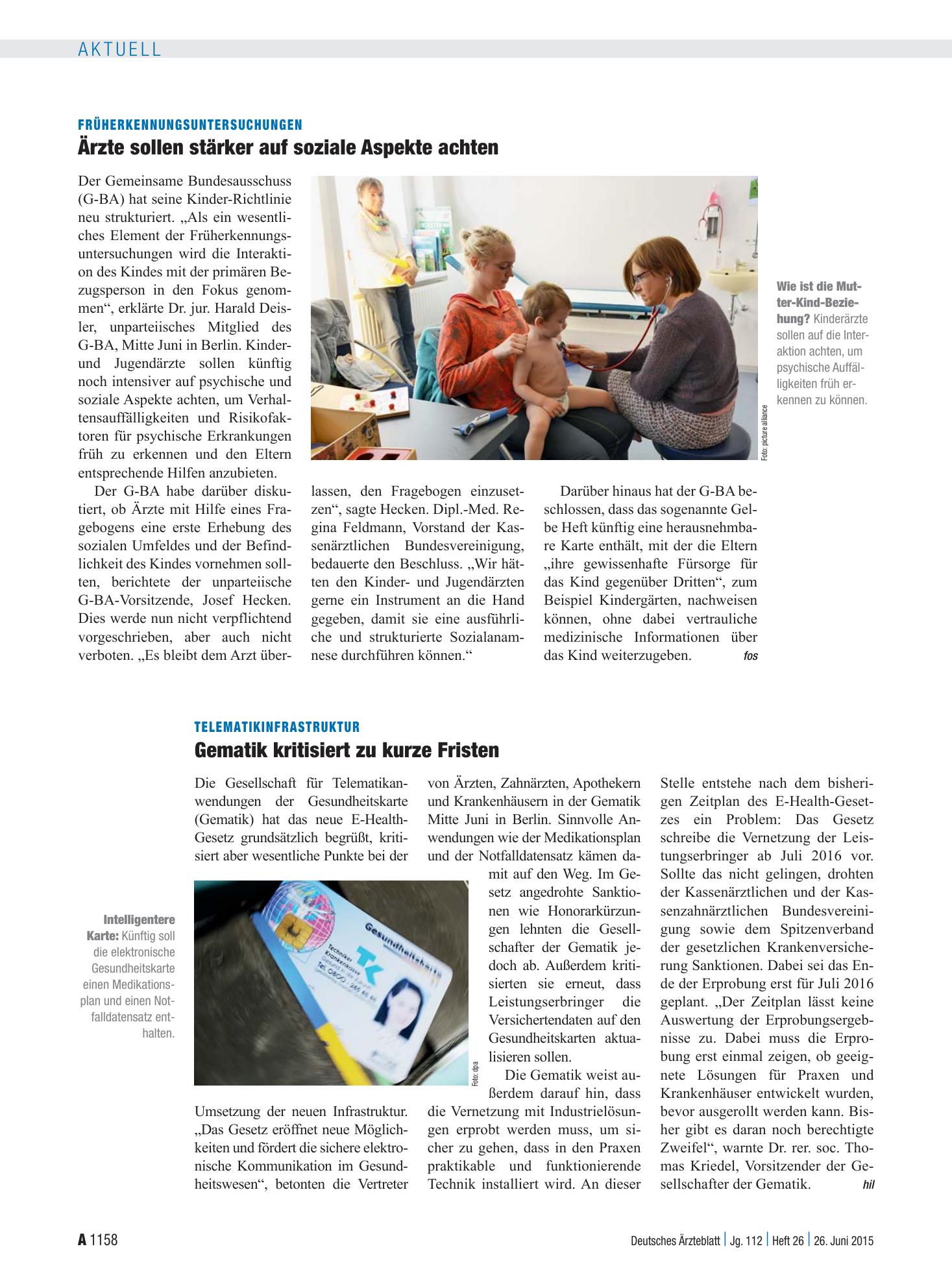 Vorschauseite 1: Früherkennungsuntersuchungen: Ärzte sollen stärker auf soziale Aspekte achten – Deutsches Ärzteblatt