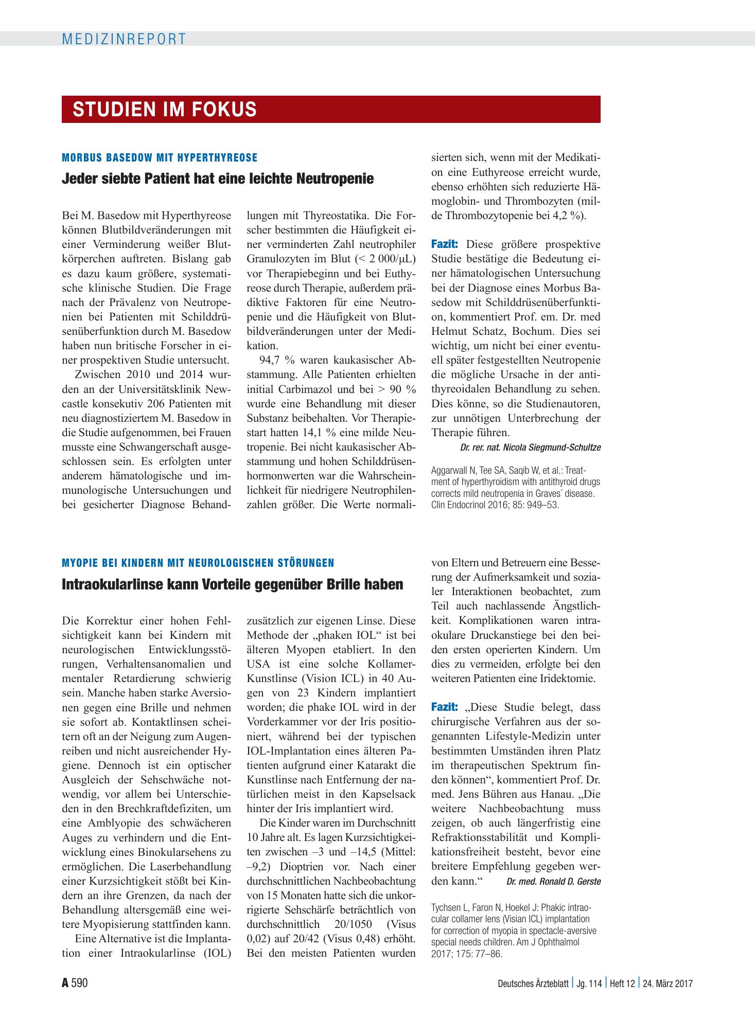 Vorschauseite 1: Morbus Basedow mit Hyperthyreose: Jeder siebte Patient hat eine leichte Neutropenie – Deutsches Ärzteblatt