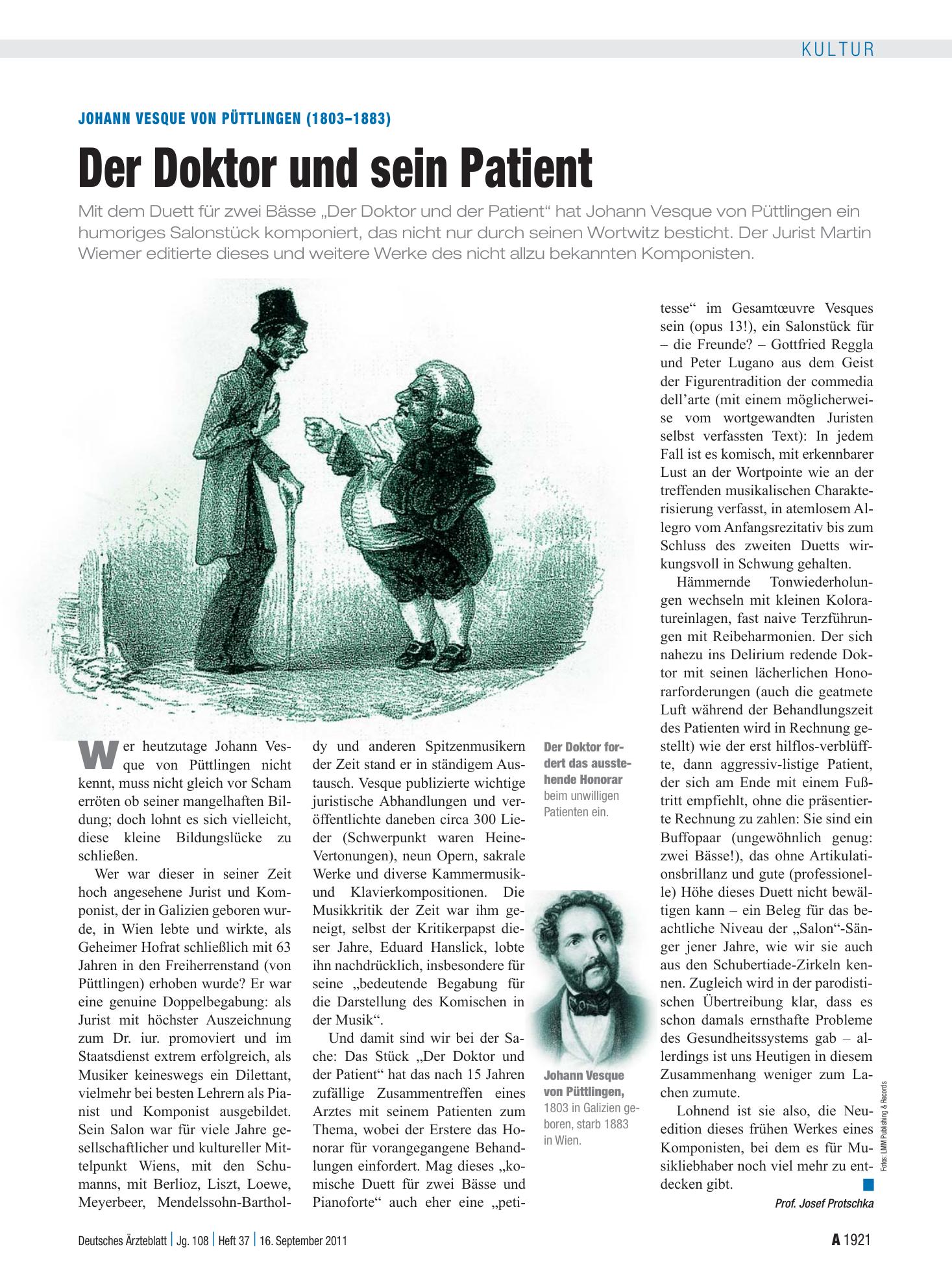 Vorschauseite 1: Johann Vesque von Püttlingen (1803–1883): Der Doktor und sein Patient – Deutsches Ärzteblatt