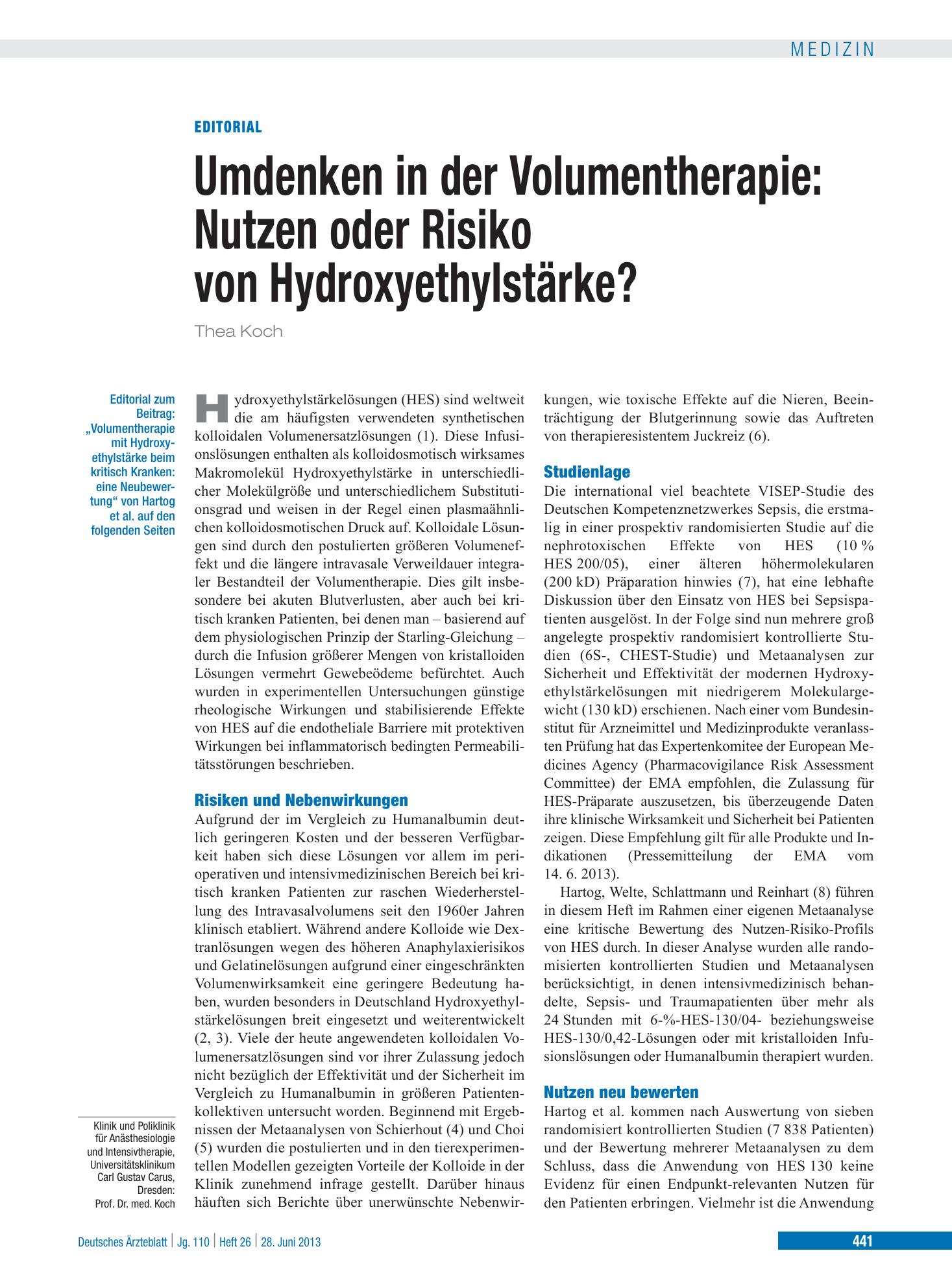 Vorschauseite 1: Volumentherapie mit Hydroxyethylstärke beim kritisch Kranken – Deutsches Ärzteblatt