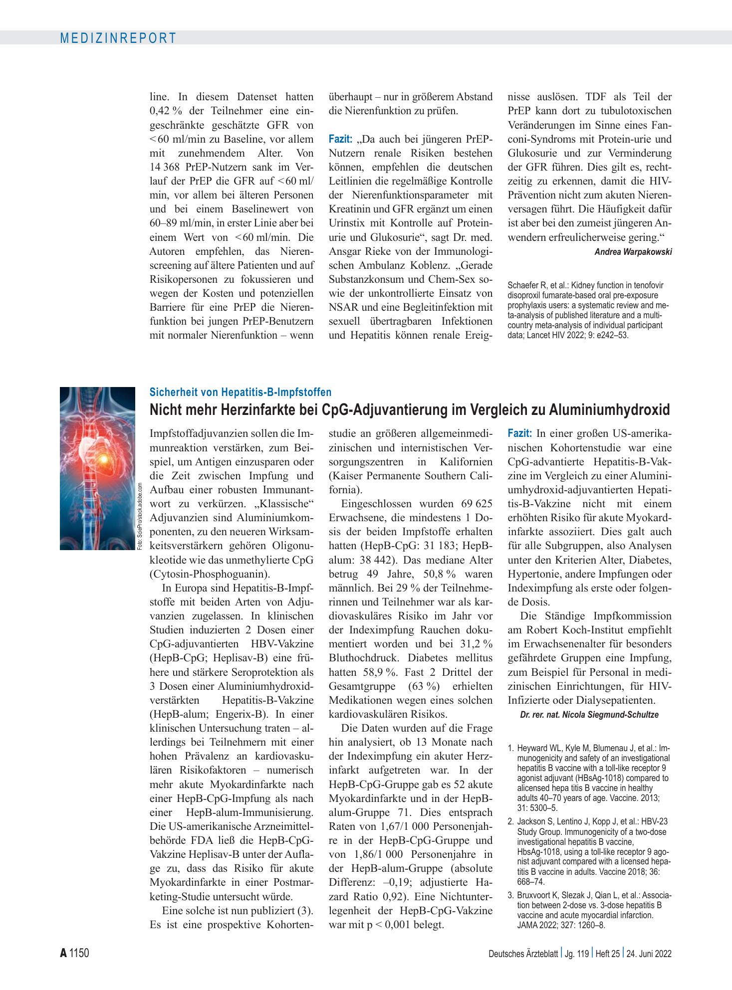 Vorschauseite 1: Sicherheit von Hepatitis-B-Impfstoffen: Nicht mehr Herzinfarkte bei CpG-Adjuvantierung im Vergleich zu Aluminiumhydroxid – Deutsches Ärzteblatt