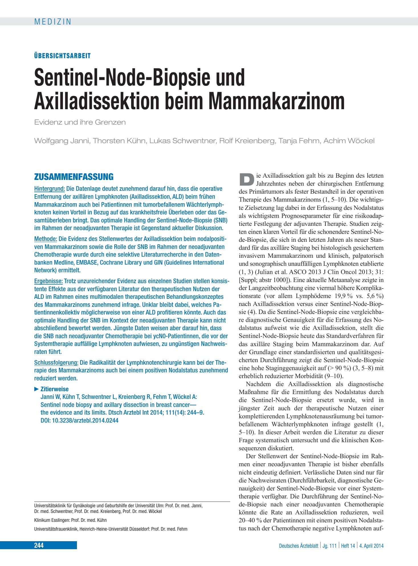 Vorschauseite 1: Sentinel-Node-Biopsie und Axilladissektion beim Mammakarzinom – Deutsches Ärzteblatt