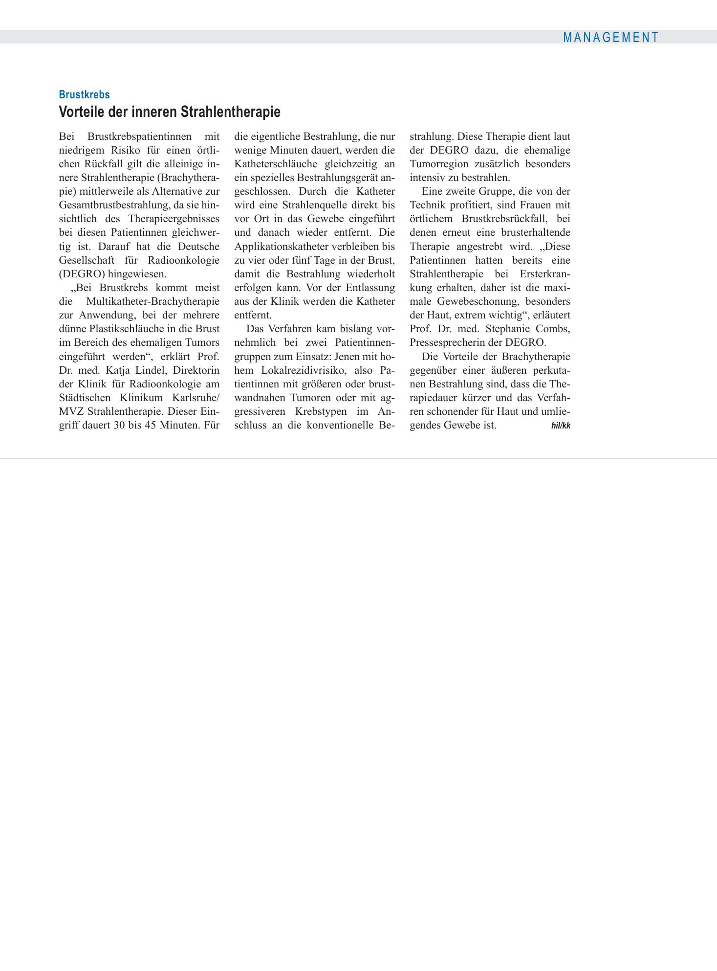 Vorschauseite 1: Brustkrebs: Vorteile der inneren Strahlentherapie – Deutsches Ärzteblatt