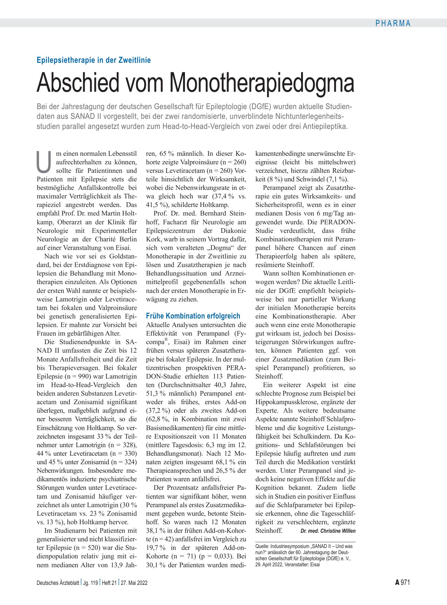 Vorschauseite 1: Epilepsietherapie in der Zweitlinie: Abschied vom Monotherapiedogma – Deutsches Ärzteblatt