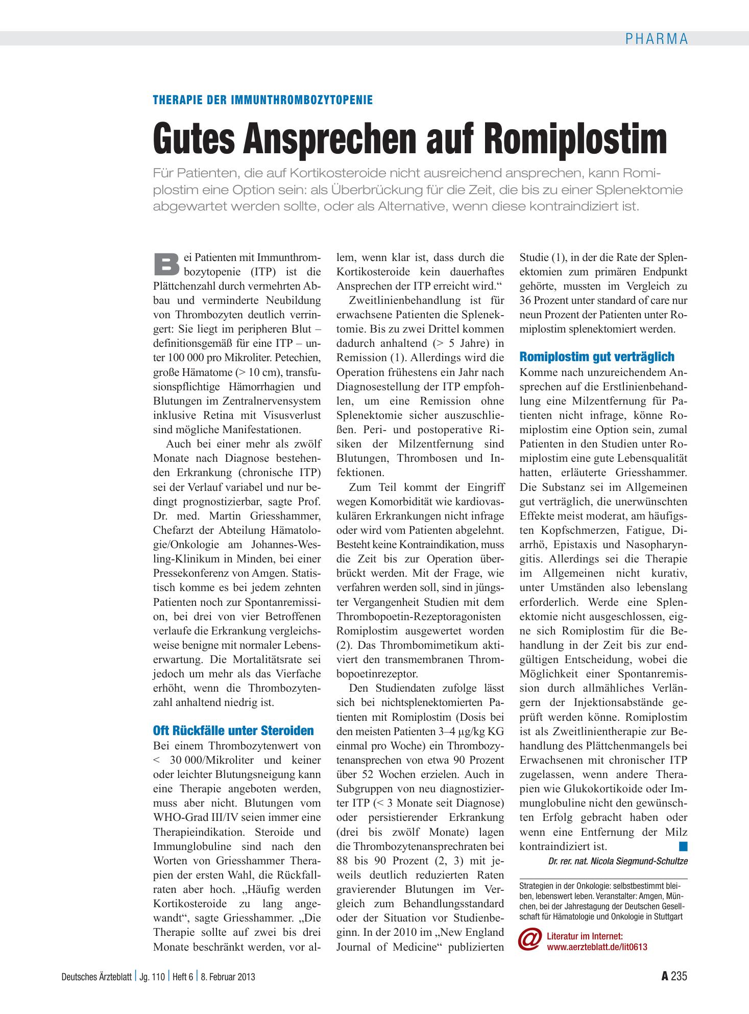 Vorschauseite 1: Therapie der Immunthrombozytopenie: Gutes Ansprechen auf Romiplostim – Deutsches Ärzteblatt