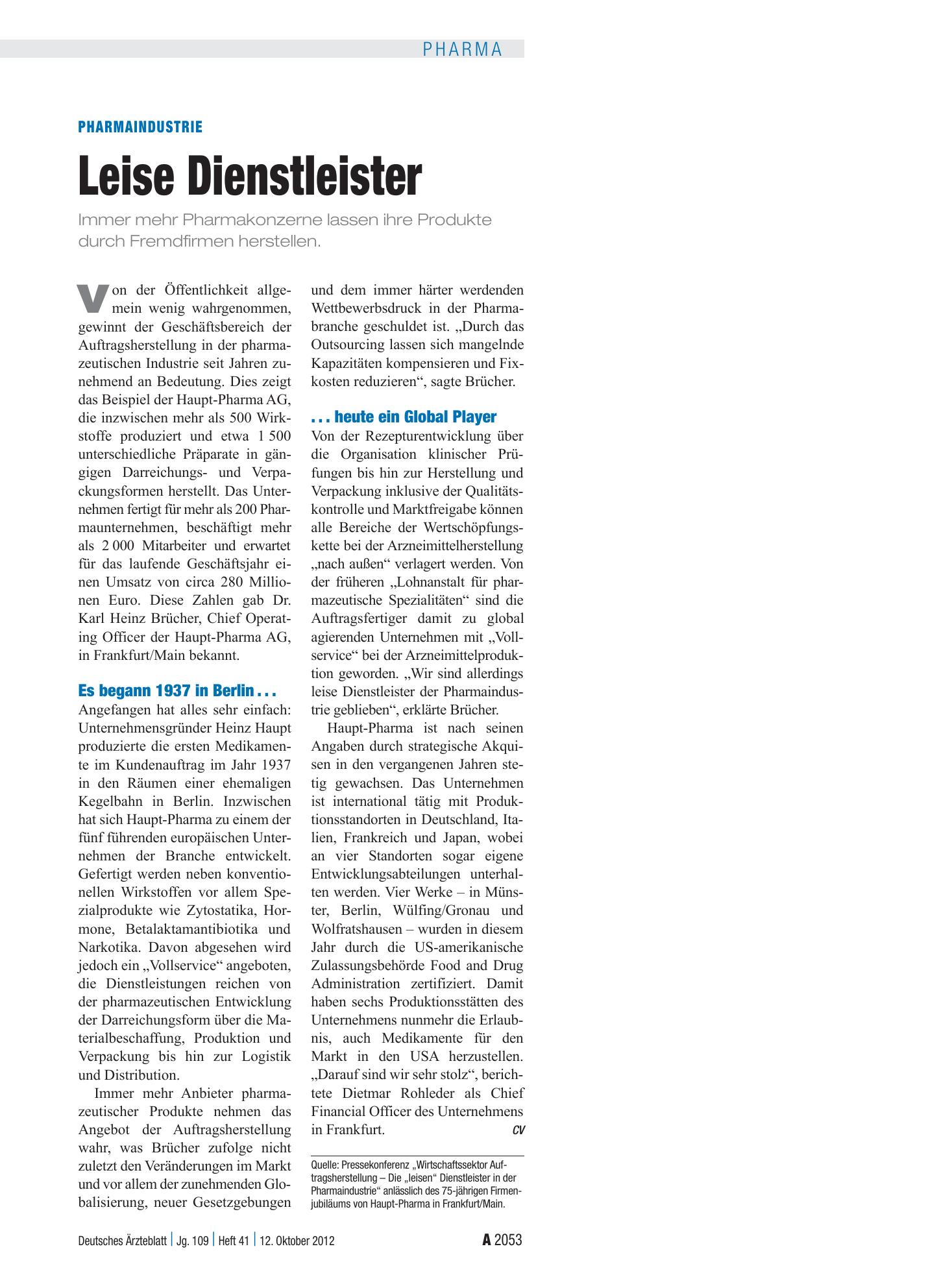 Vorschauseite 1: Pharmaindustrie: Leise Dienstleister – Deutsches Ärzteblatt