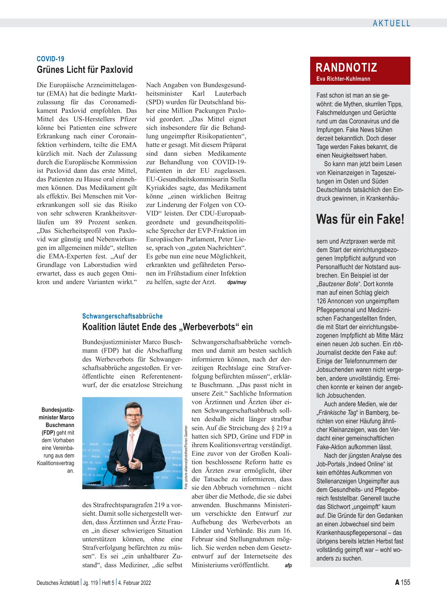 Vorschauseite 1: Schwangerschaftsabbrüche: Koalition läutet Ende des „Werbeverbots“ ein – Deutsches Ärzteblatt