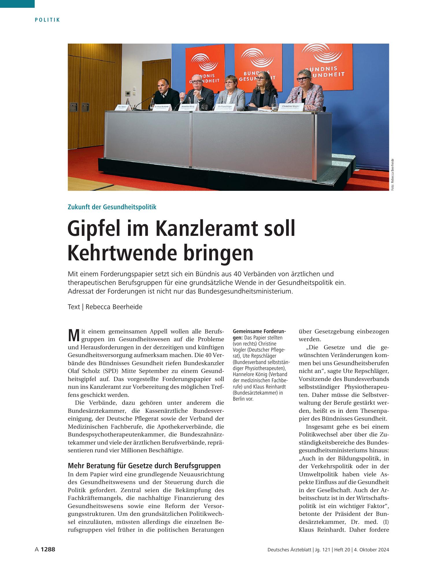 Vorschauseite 1: Zukunft der Gesundheitspolitik: Gipfel im Kanzleramt soll Kehrtwende bringen – Deutsches Ärzteblatt